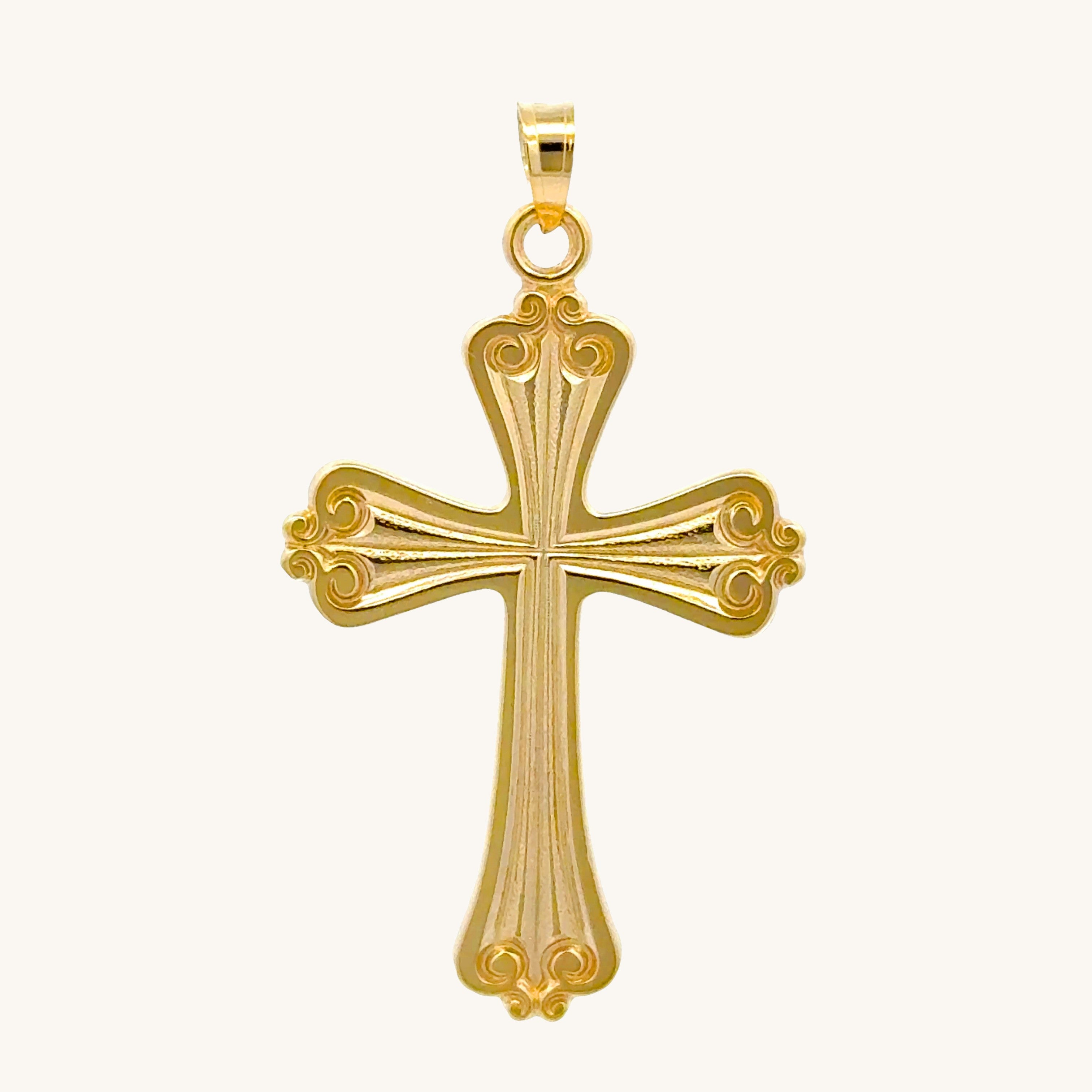 Solid 14K yellow gold cross pendant with flared arms and ornate scroll detailing XXL XL M S front view
