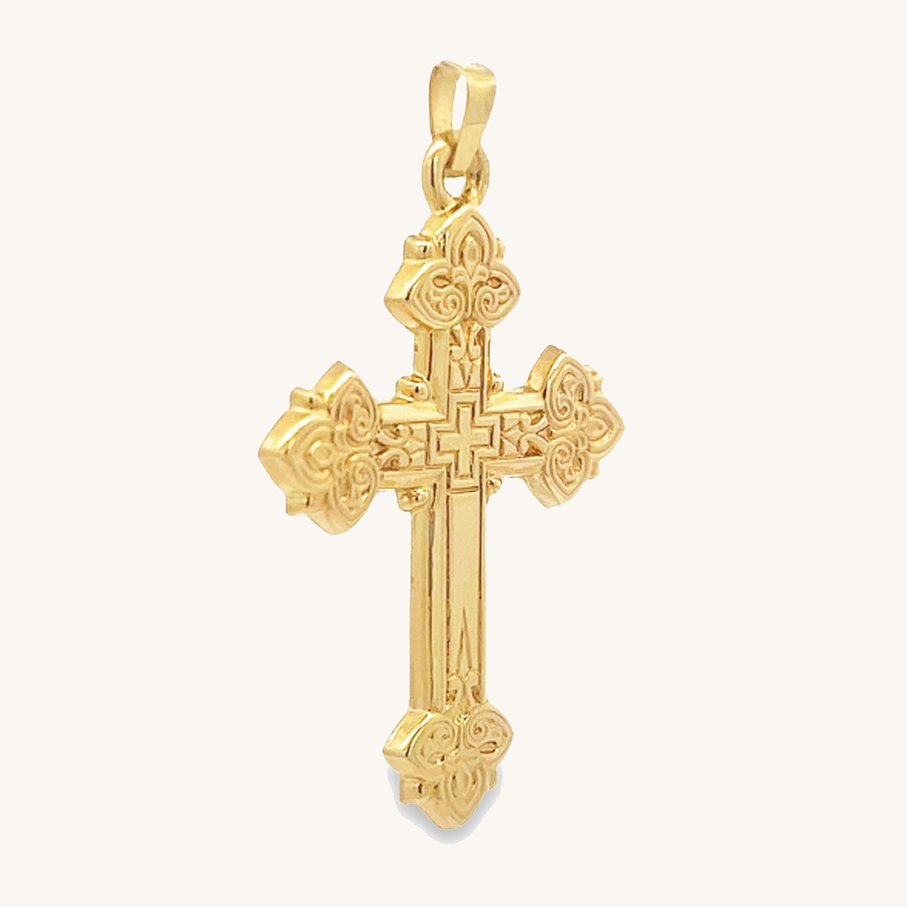 Solid 14K Double Bonded Gold Intricate Design Cross Pendant Only M size angle image