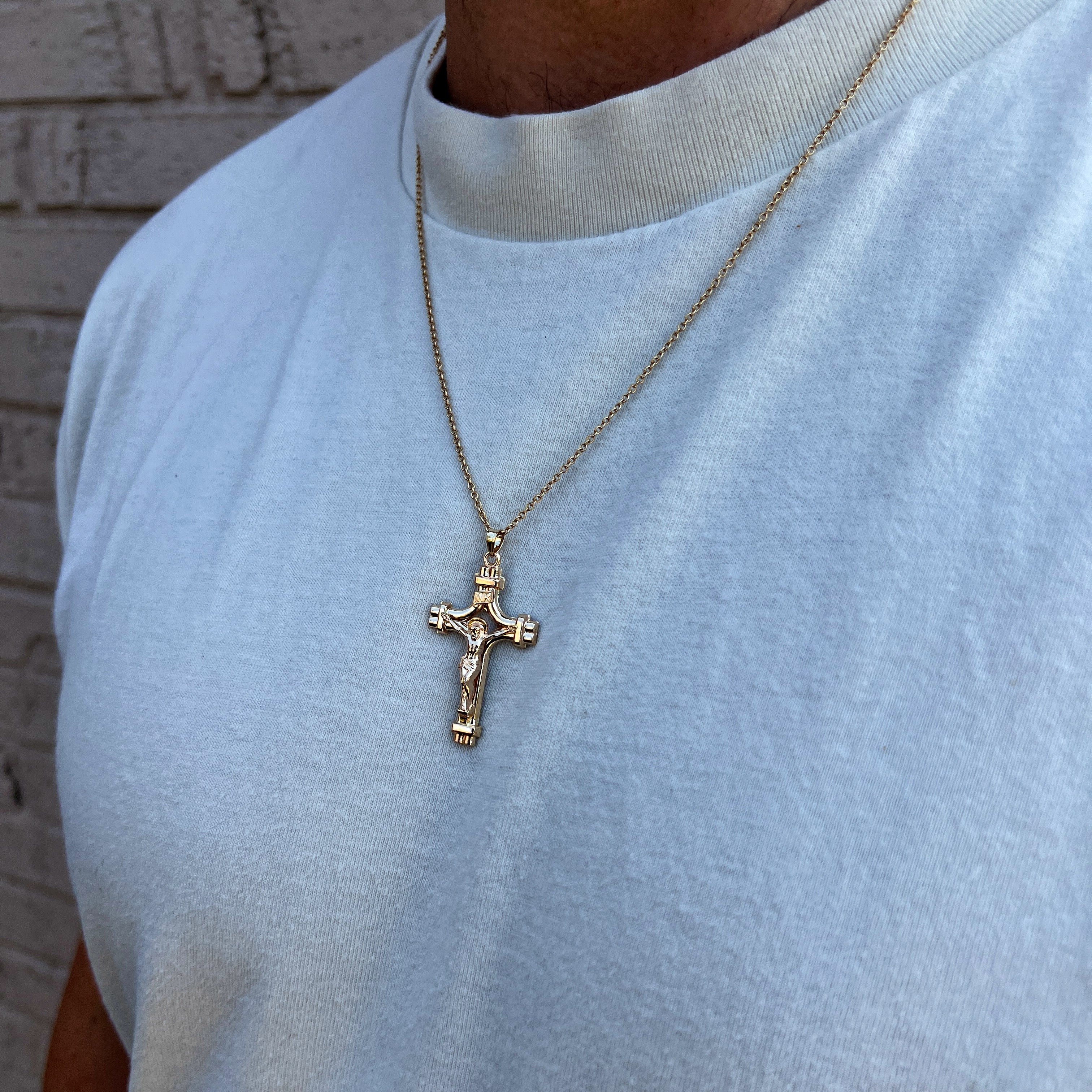 14K Yellow Gold INRI Crucifix XXL necklace on man