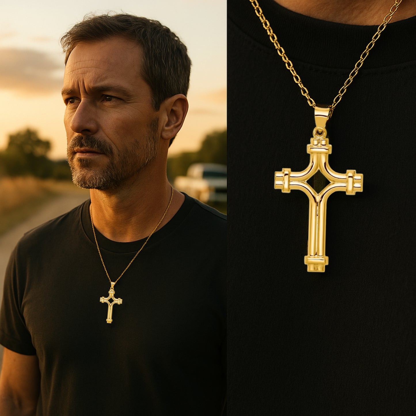 14K Yellow Gold Tube Cross XXL M Lifestyle man wearing cross on necklace