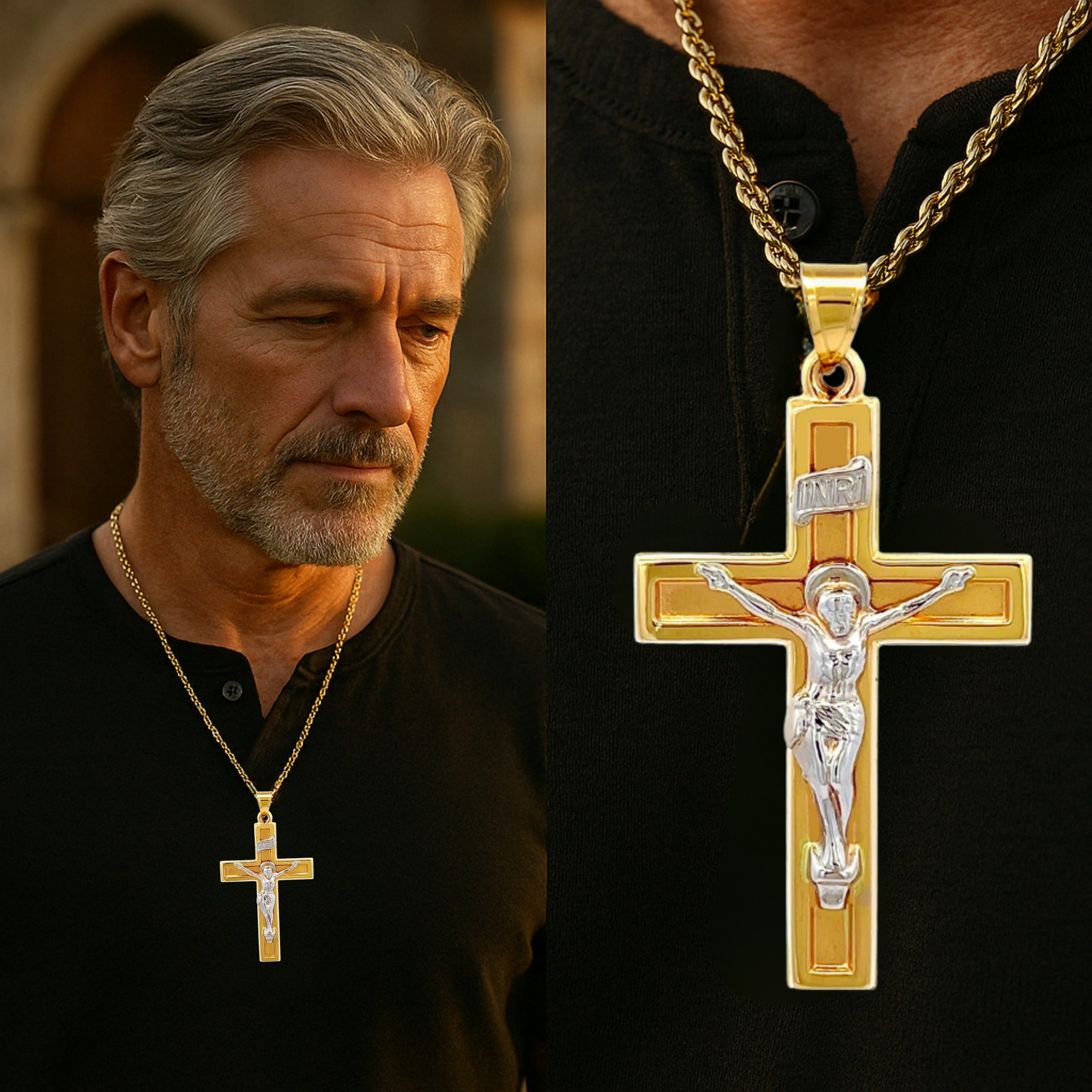 14K Two Tone Gold XXL Crucifix Lifestyle man wearing inri crucifix on chain
