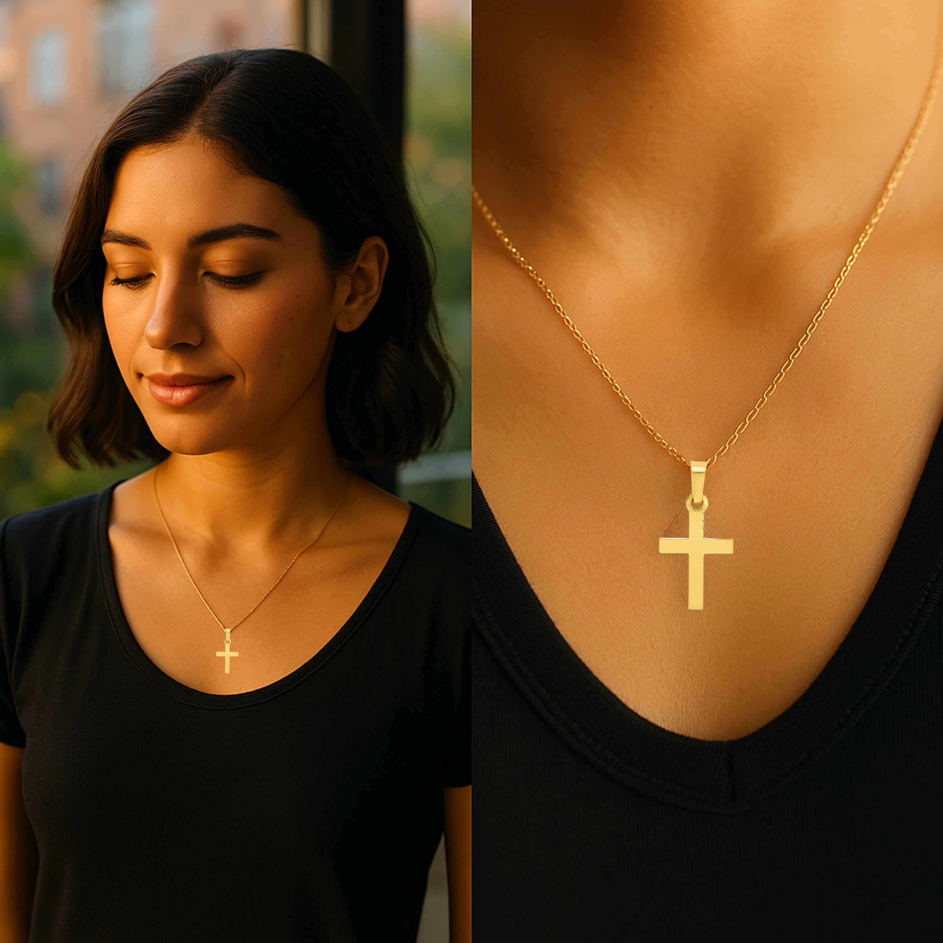 14K XXS Tiny Yellow Gold Cross lifestyle on woman wearing necklace