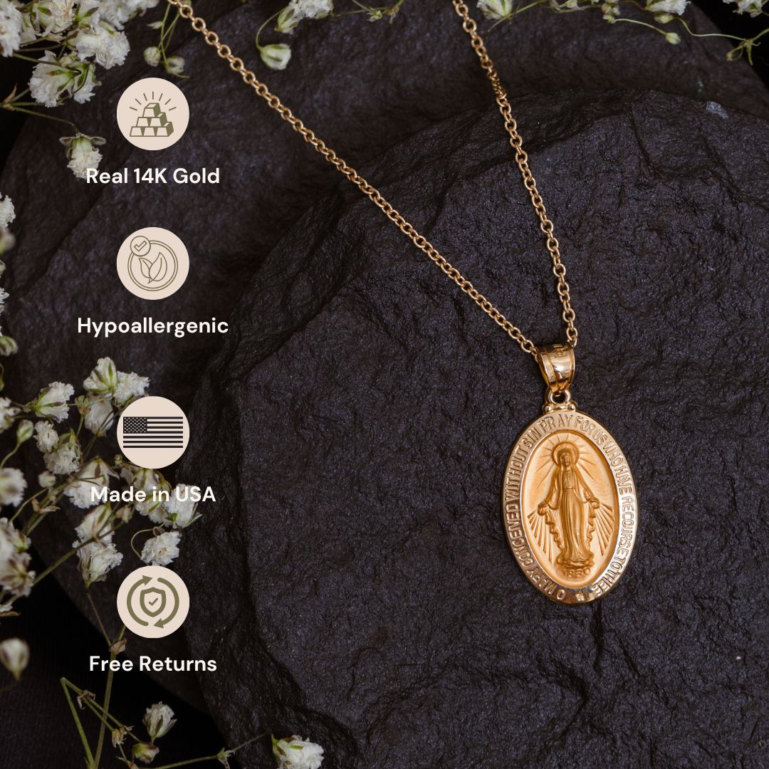 14K Yellow White Gold Miraculous Virgin Mary medal necklace lifestyle image XL L M S XS Product Benefits