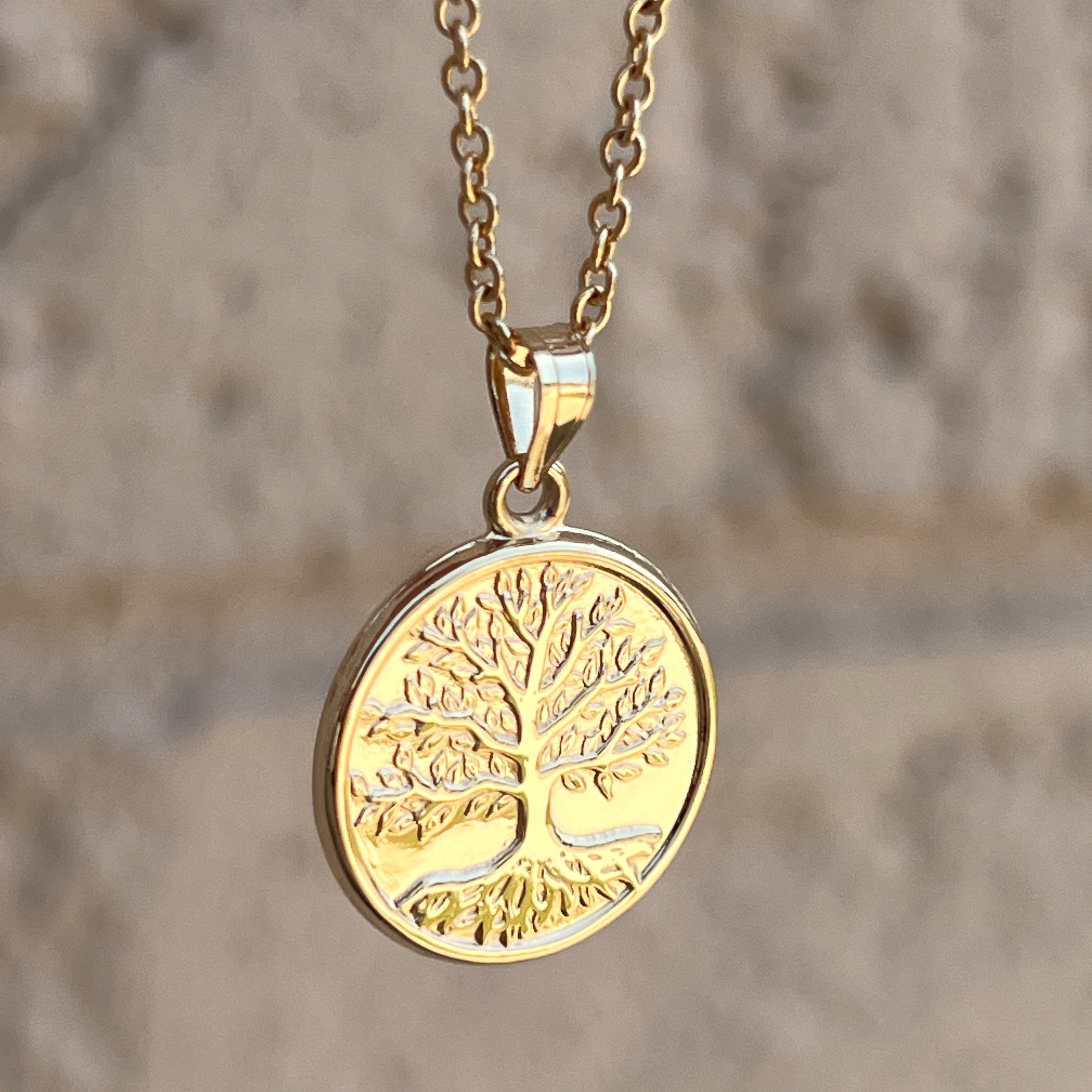 14K Yellow Gold Tree of Life Pendant M Lifestyle on chain