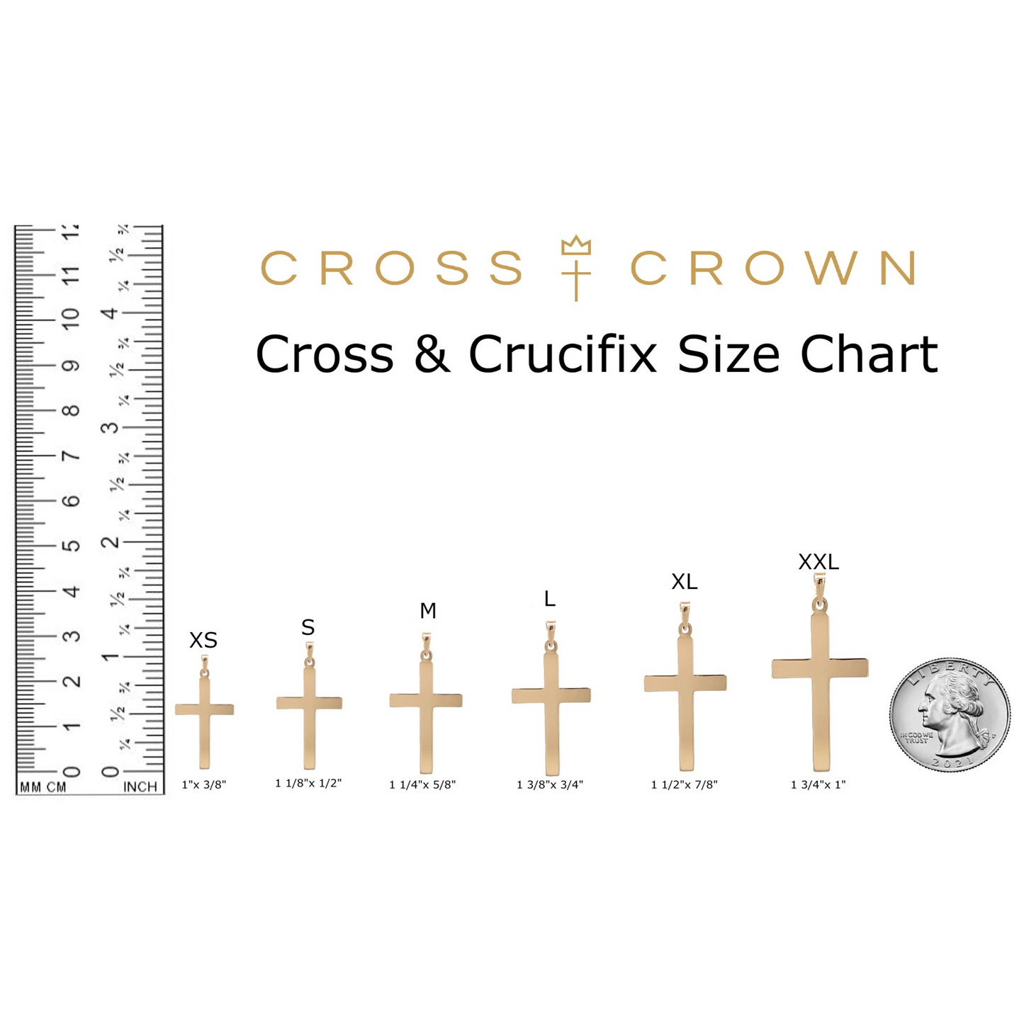 size_chart 14K Yellow White Gold Cross XS S M
