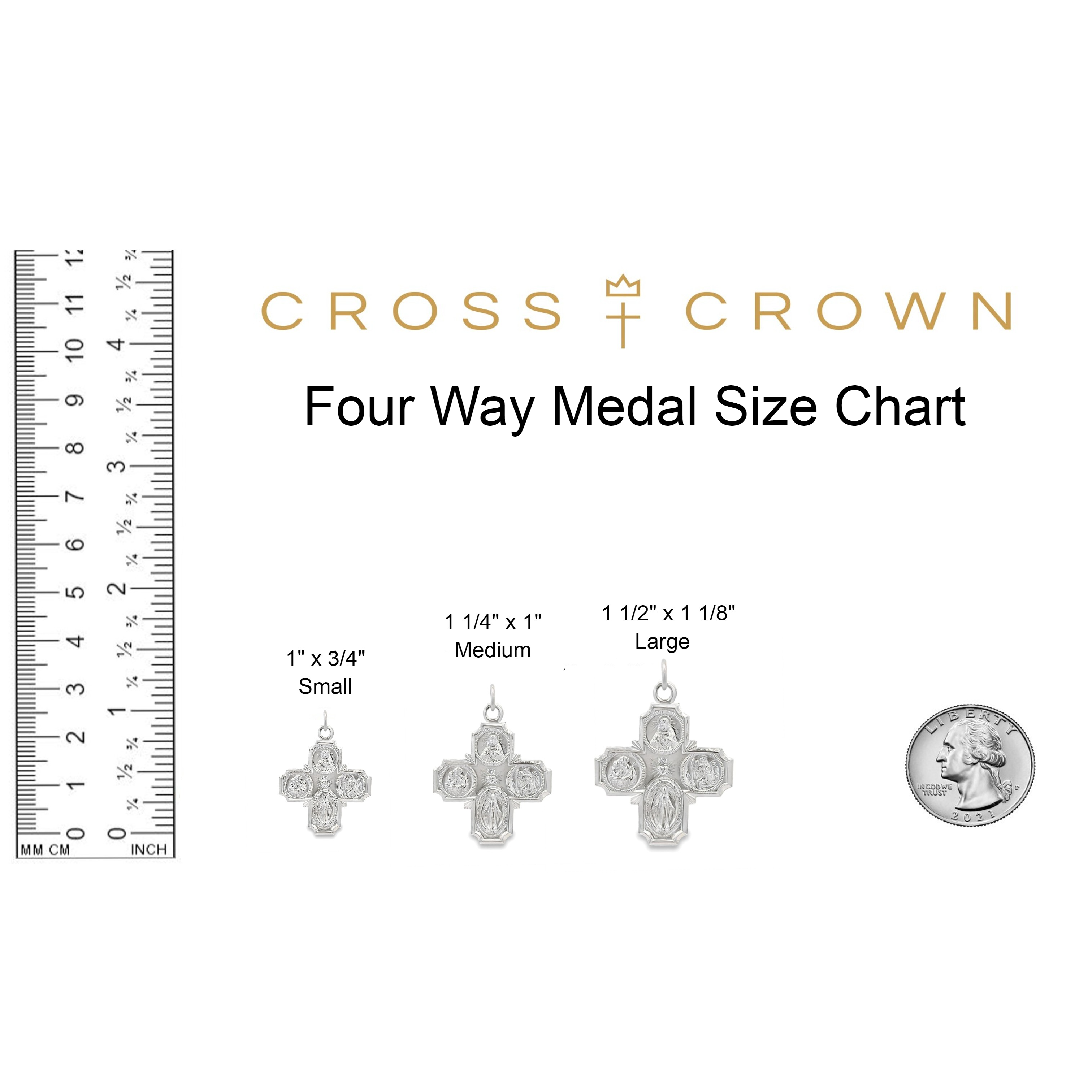 size_chart Four Way Cross pendant L M S 14k double bonded gold matte shiny finish