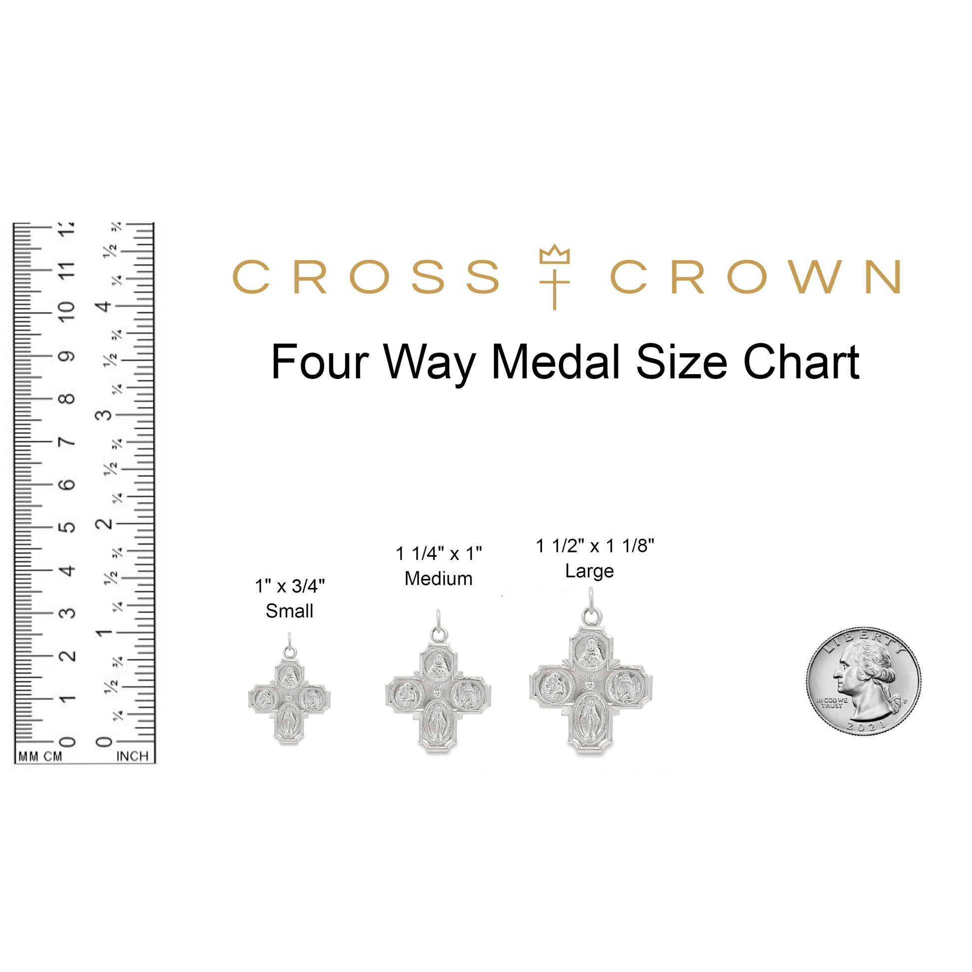 size_chart Four Way Cross pendant L M S 14k double bonded gold matte shiny finish