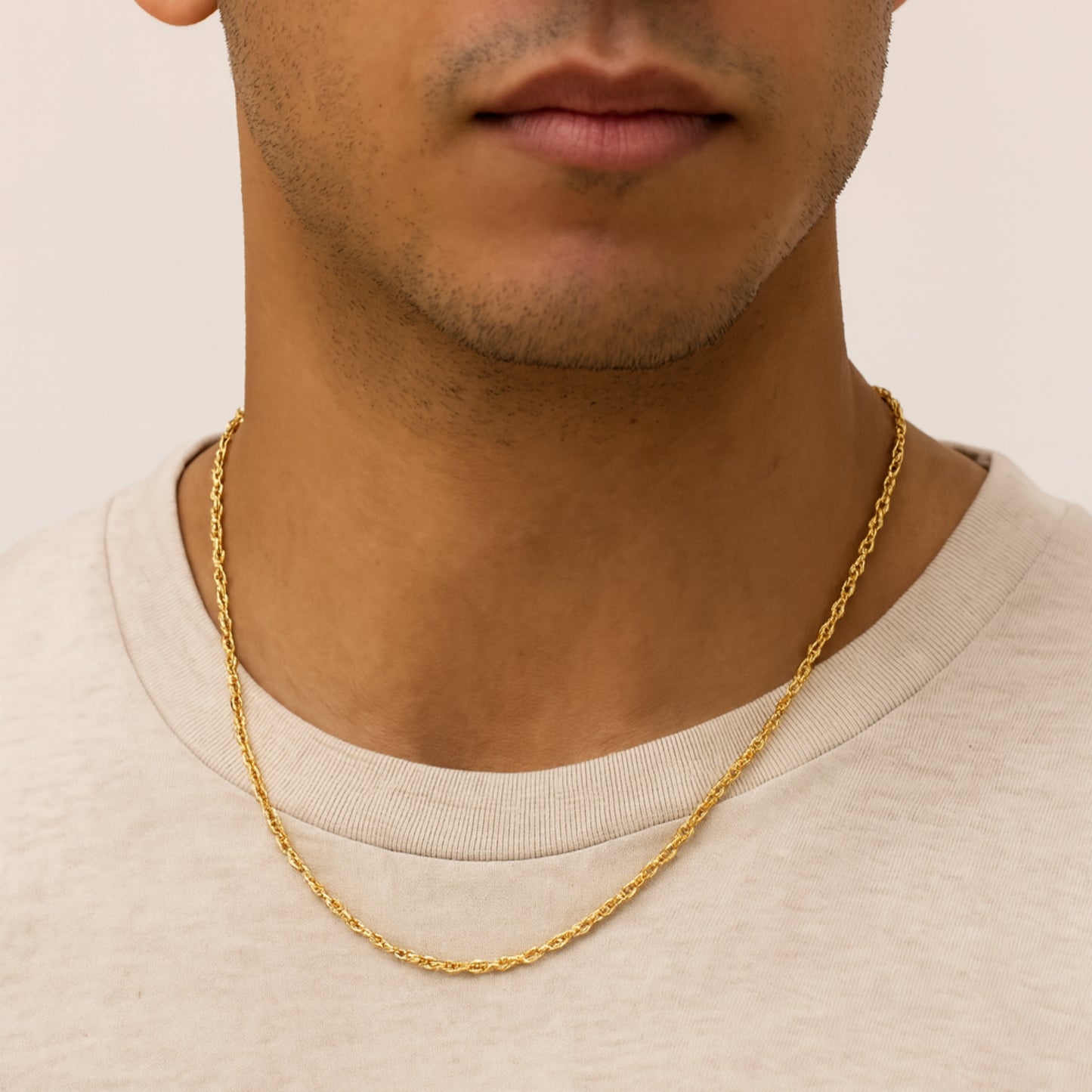 14K Double Bonded Gold 22" Rope chain lifestyle image on person