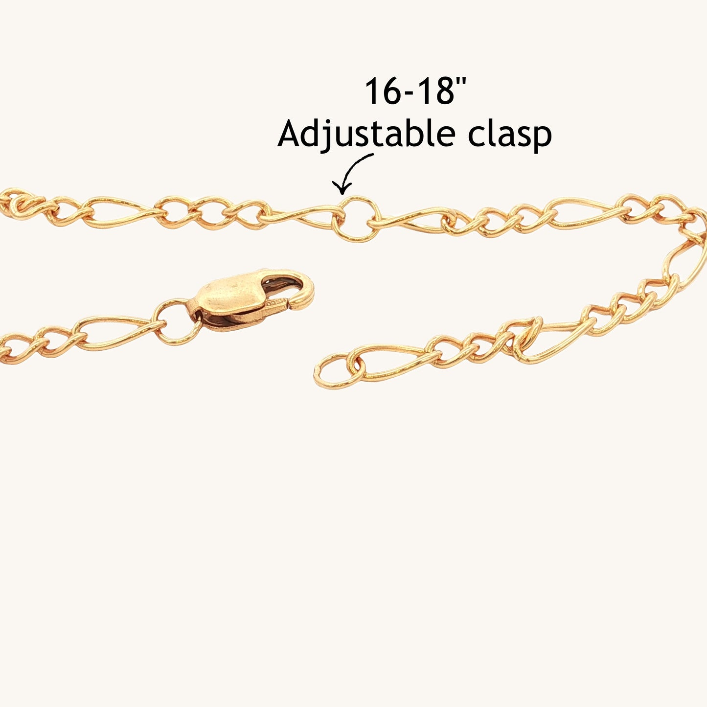 Solid 14K Double Bonded Gold 16-18" adjustable Figaro chain lobster claw adjustable clasp