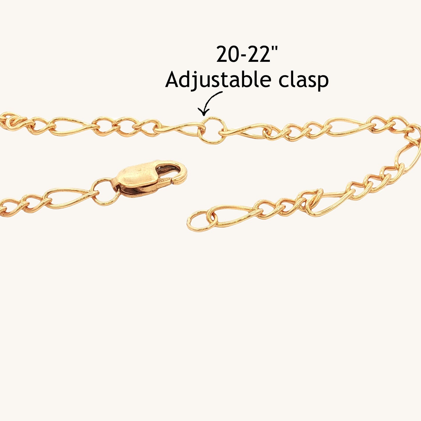 Solid 14K Double Bonded Gold 16-18" adjustable Figaro chain lobster claw adjustable clasp