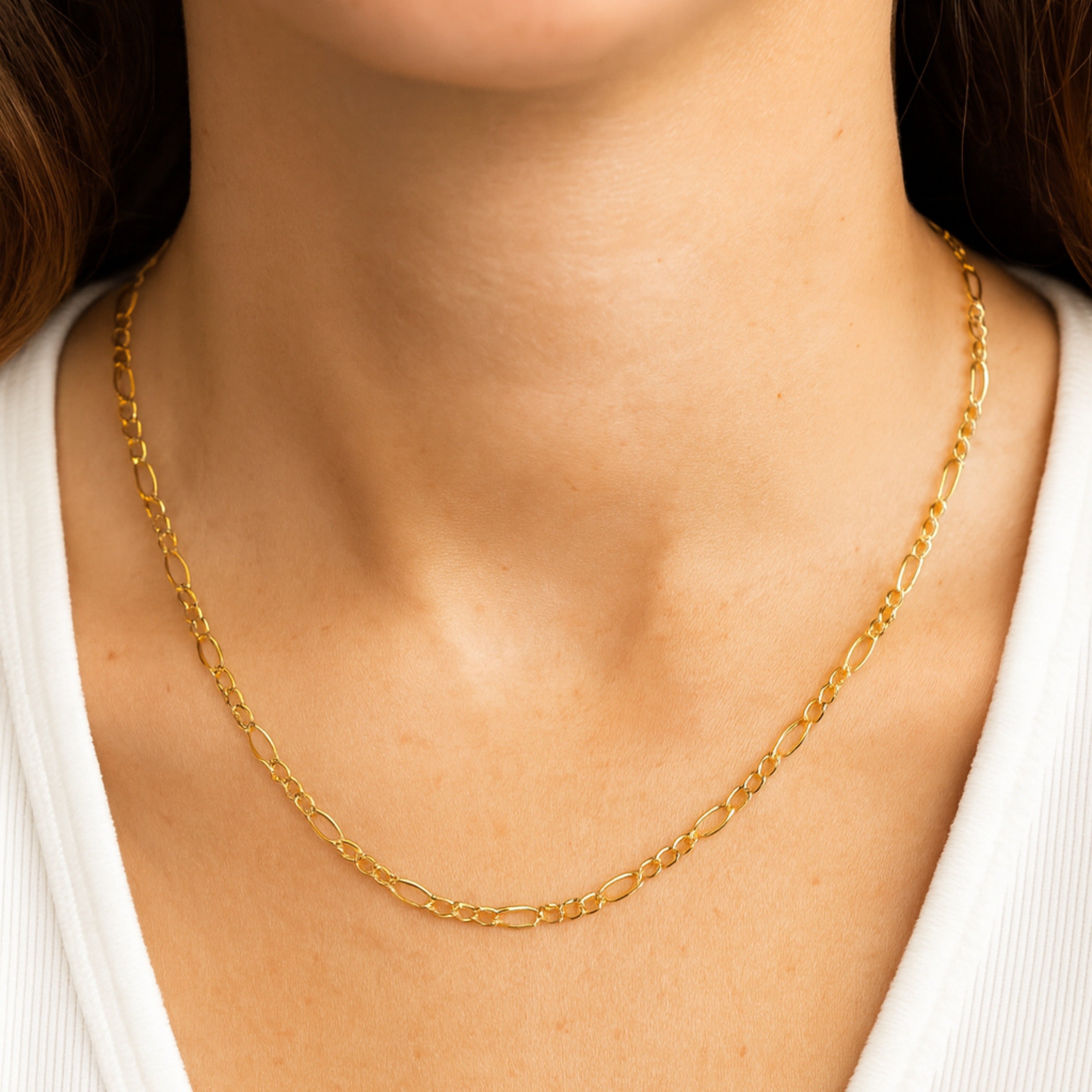  Solid 14K Double Bonded Gold 16-18" adjustable Figaro chain lifestyle image on woman