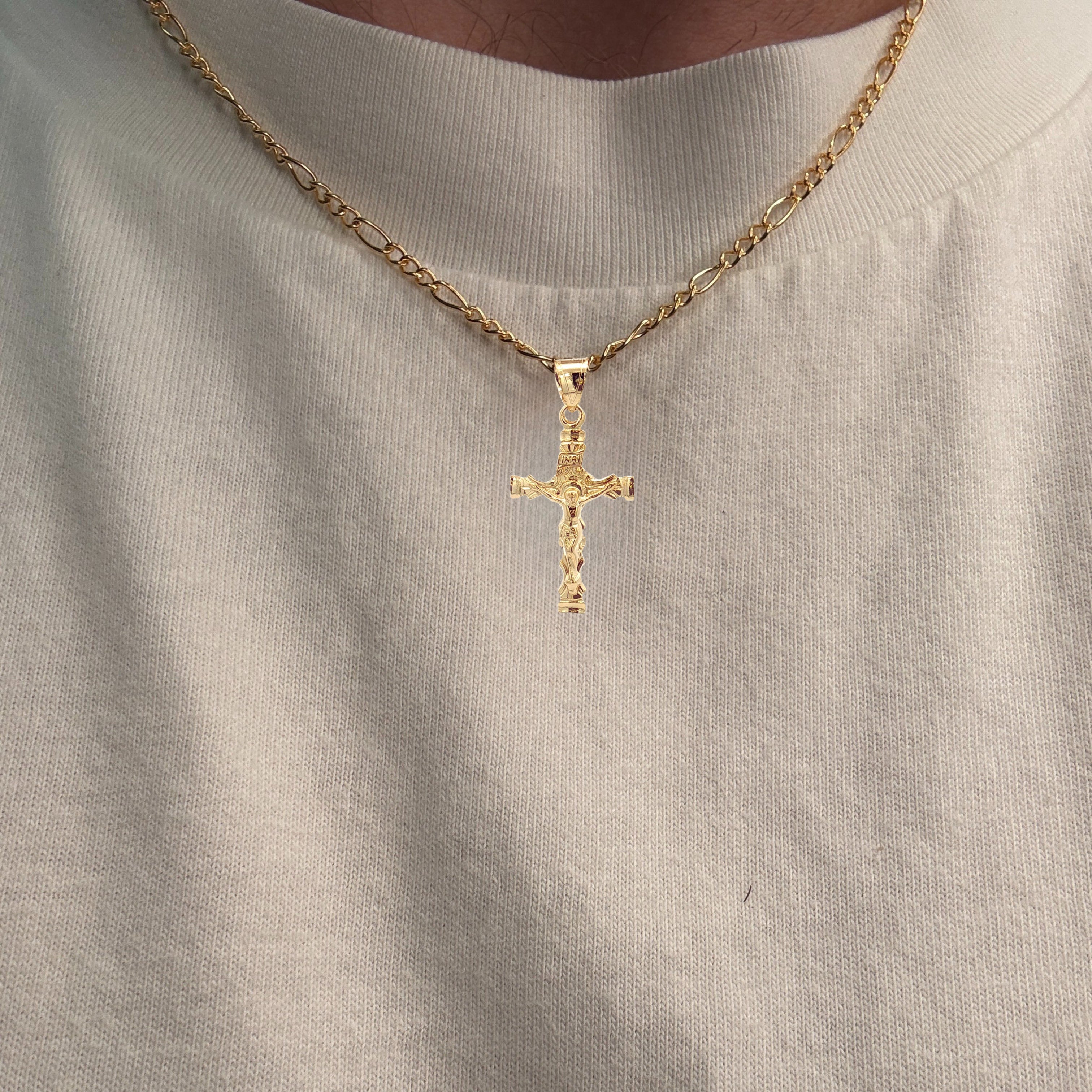 Solid 14K Double Bonded Gold Regal Scroll INRI Crucifix pendant only S size lifestyle image