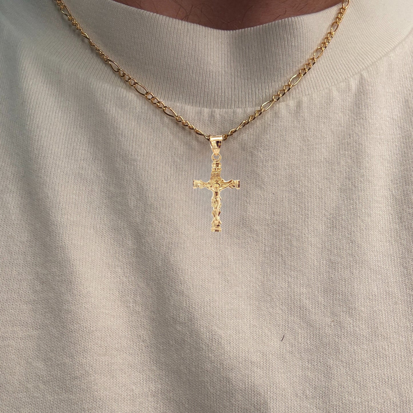 Solid 14K Double Bonded Gold Regal Scroll INRI Crucifix pendant only S size lifestyle image