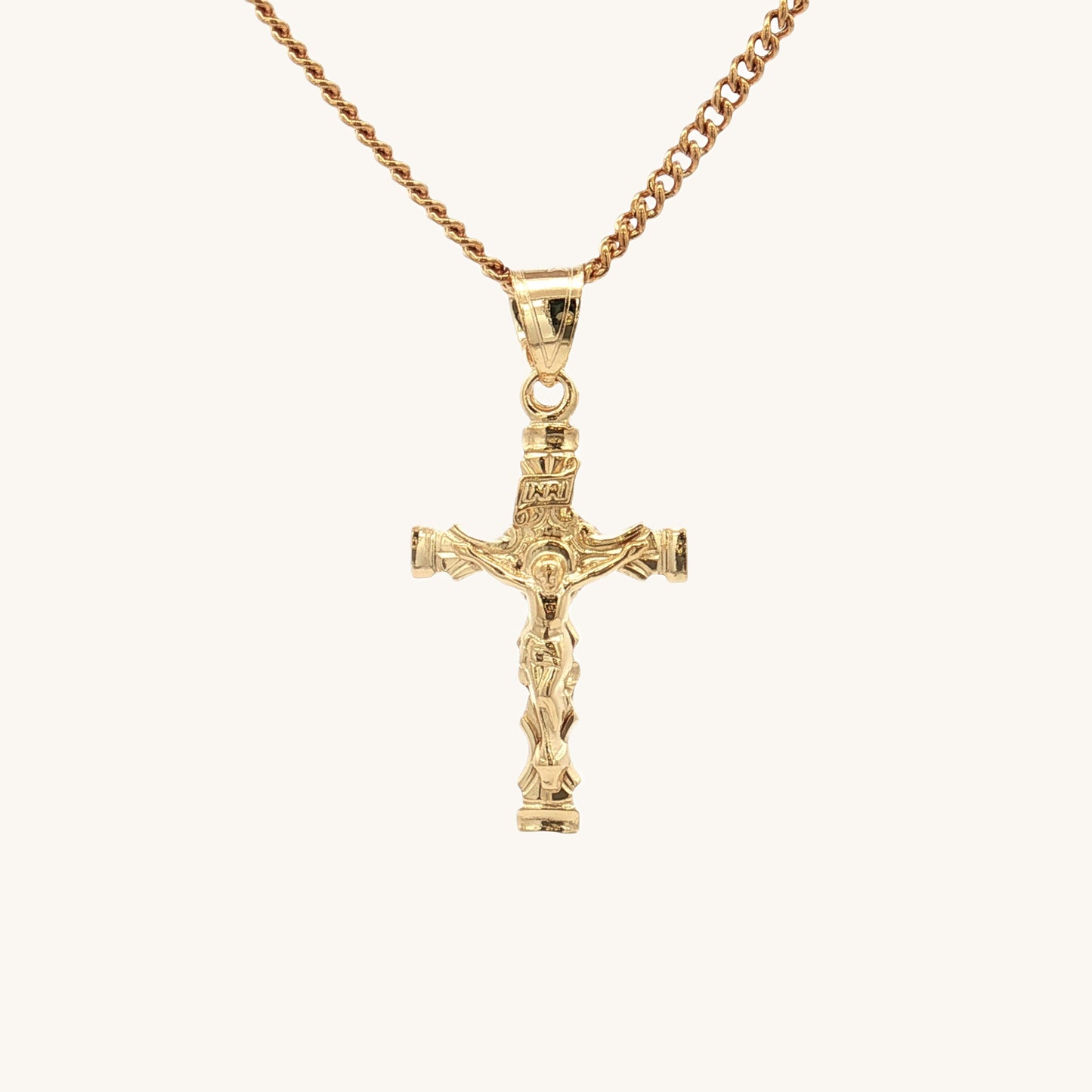 Solid 14K Double Bonded Gold Regal Scroll INRI Crucifix pendant only S size on chain image