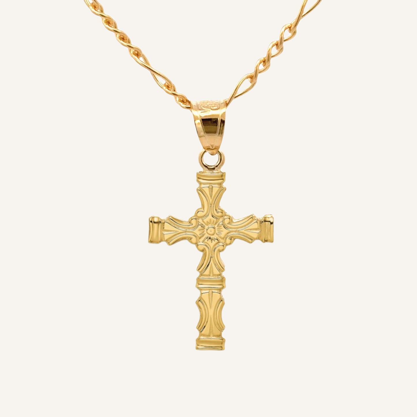 Solid 14K double bonded gold cross pendant with bold scrollwork and sculpted detailing, fine Christian jewelry. S Pendant Only on chain main image