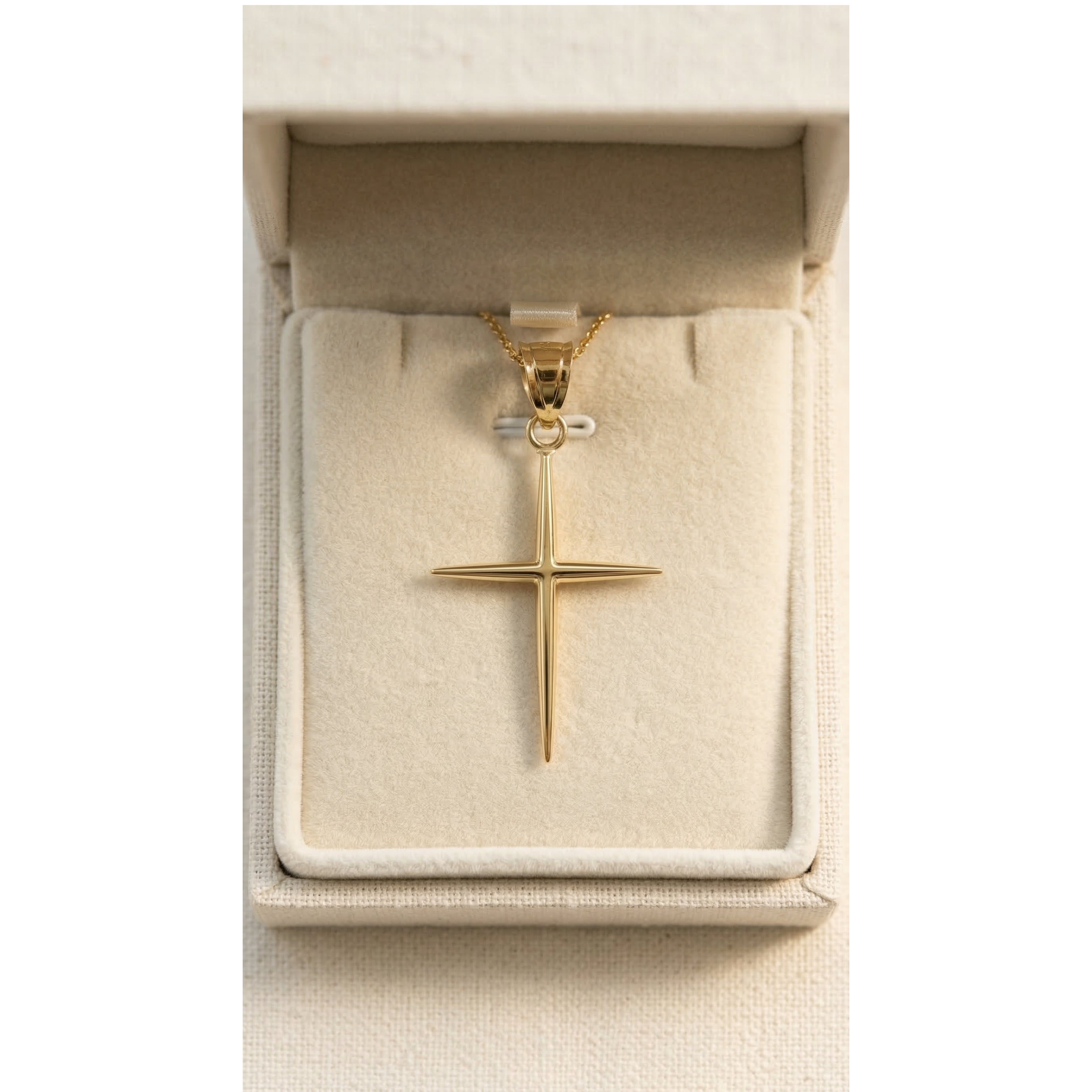 SOLID 14K DOUBLE BONDED GOLD SLIM CROSS PENDANT - Cross + Crown S lifestyle in giftbox