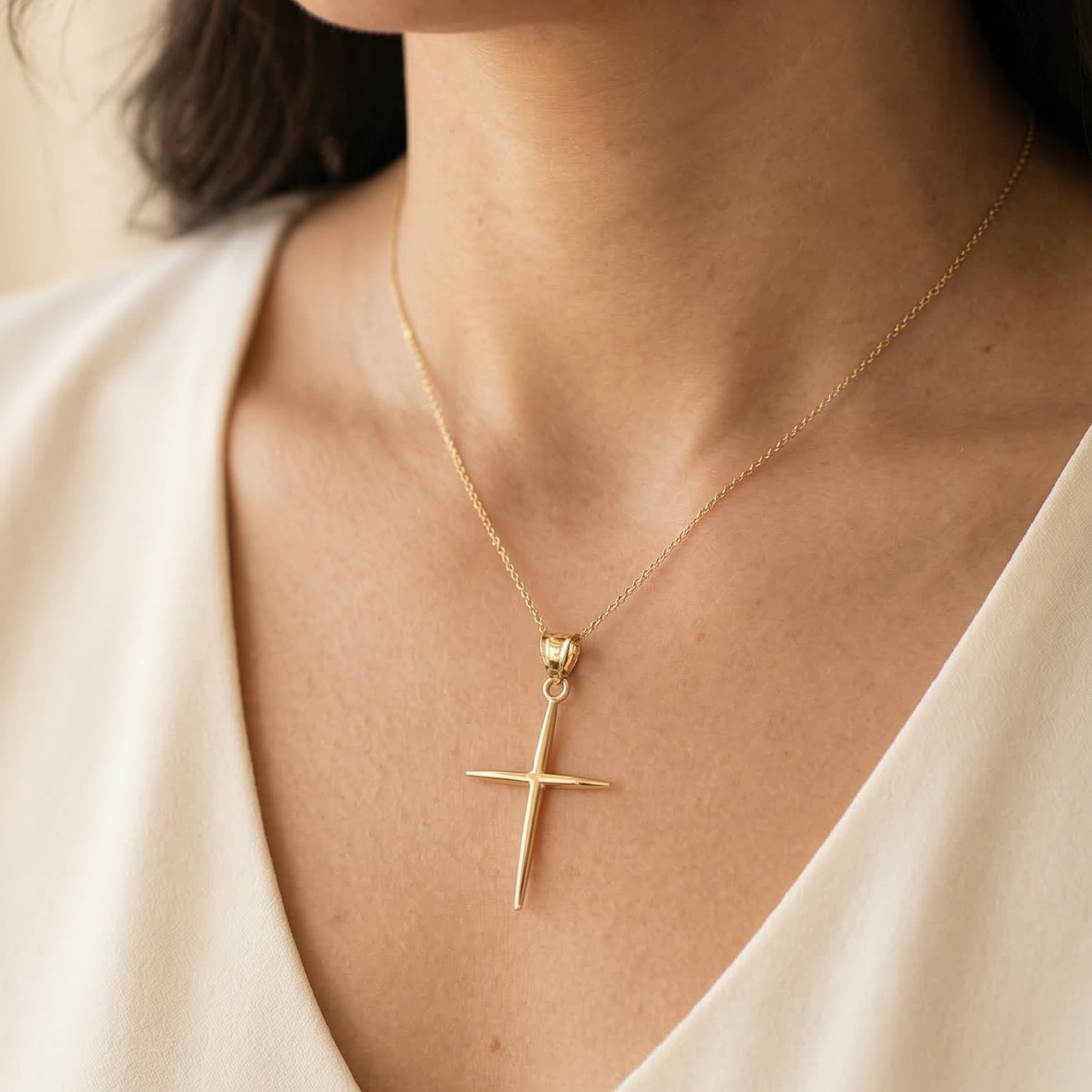 SOLID 14K DOUBLE BONDED GOLD SLIM CROSS PENDANT - Cross + Crown S lifestyle necklace on woman 
