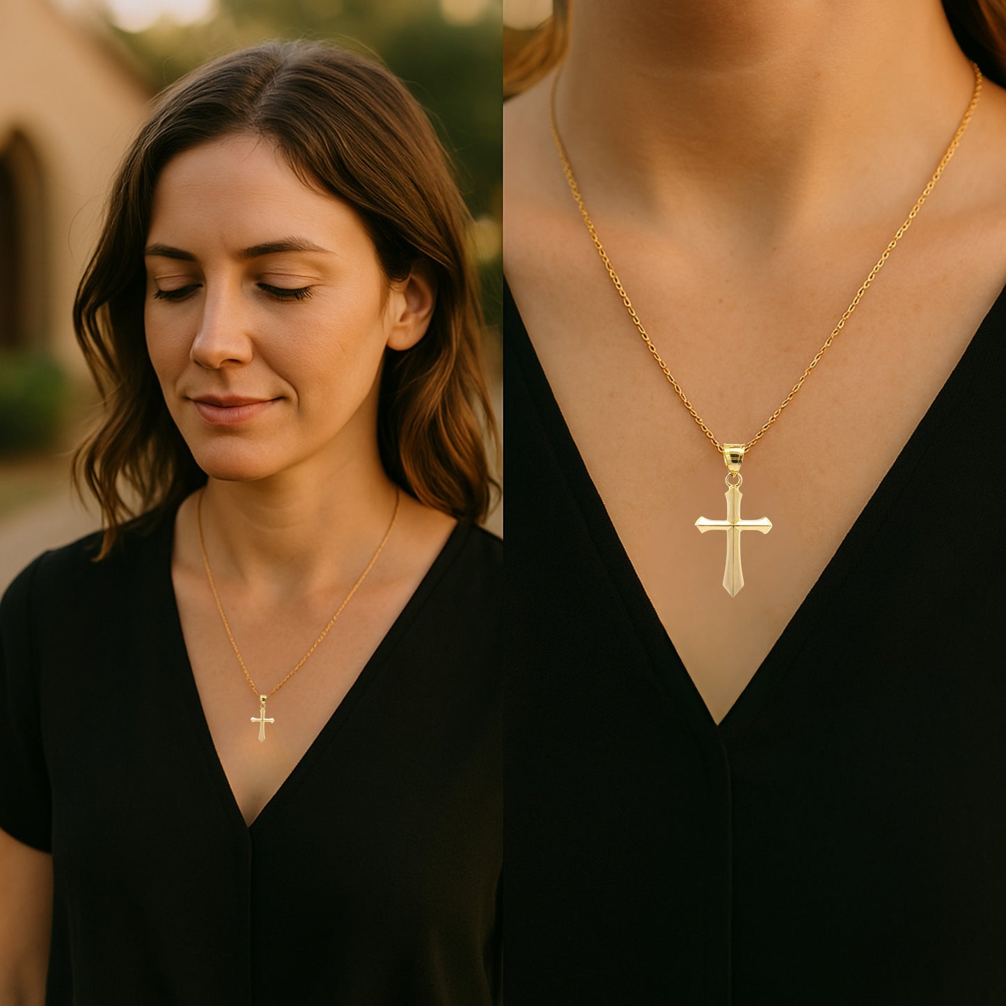 Solid 14K Double Bonded Gold Angled Cross pendant only S size lifestyle on woman image