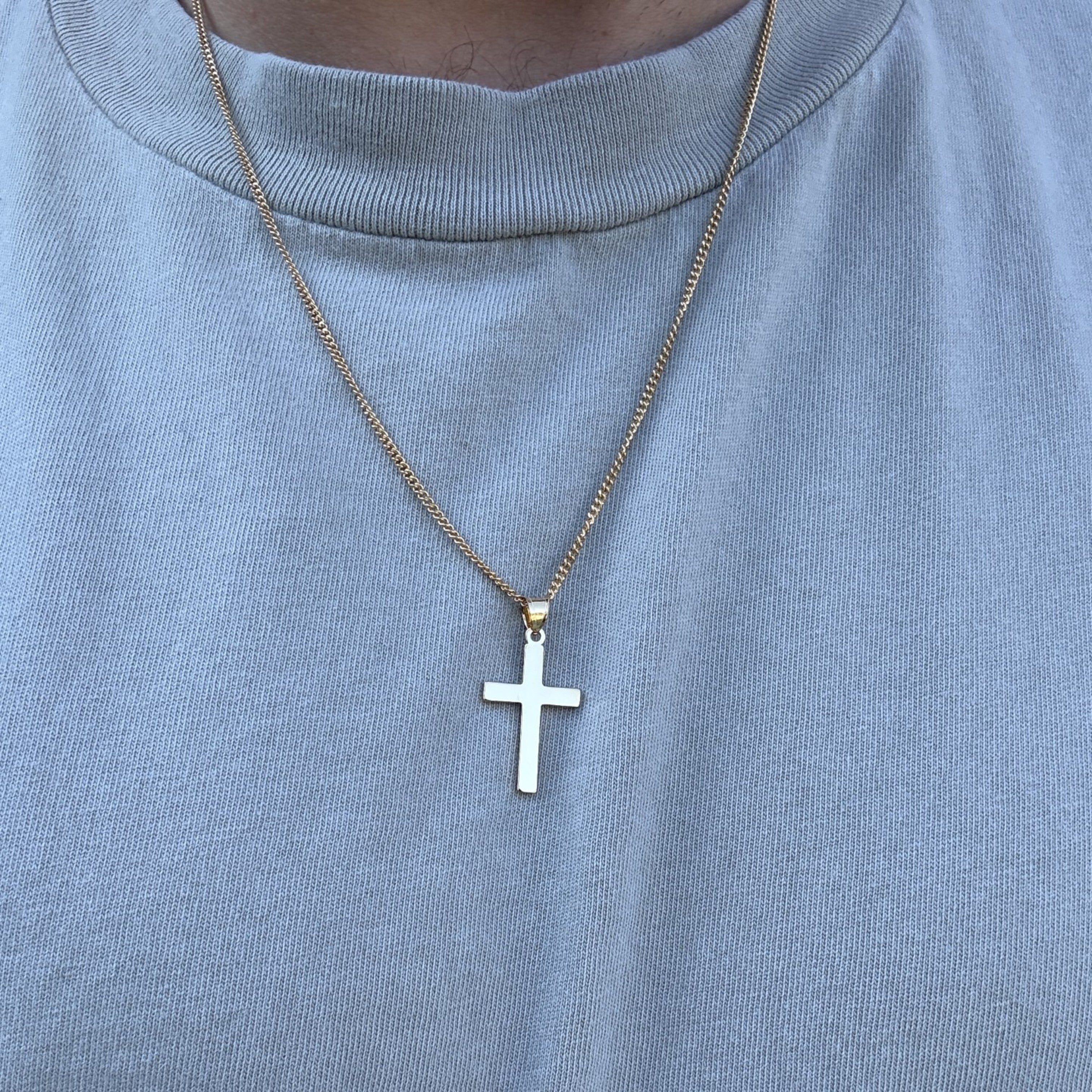 Solid 14K Double Bonded Gold Timeless Simple Plain Polished Cross Pendant Only XXL M S lifestyle image on man