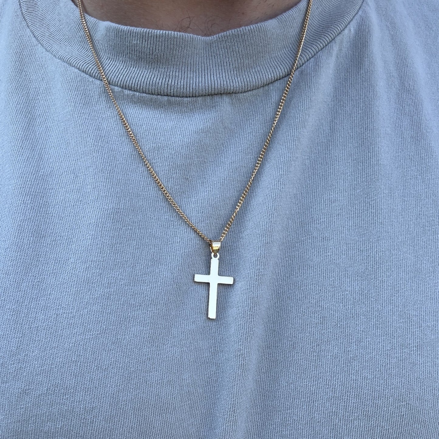 Solid 14K Double Bonded Gold Timeless Simple Plain Polished Cross Pendant Only XXL M S lifestyle image on man