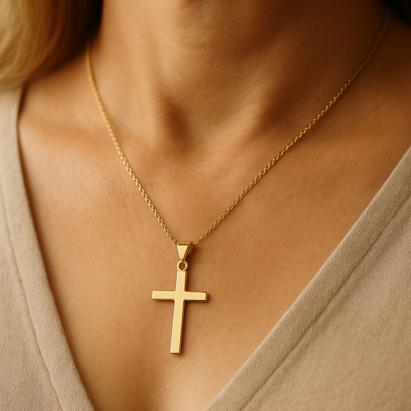Solid 14K Double Bonded Gold Timeless Simple Plain Polished Cross Pendant Only XXL M S lifestyle image on woman