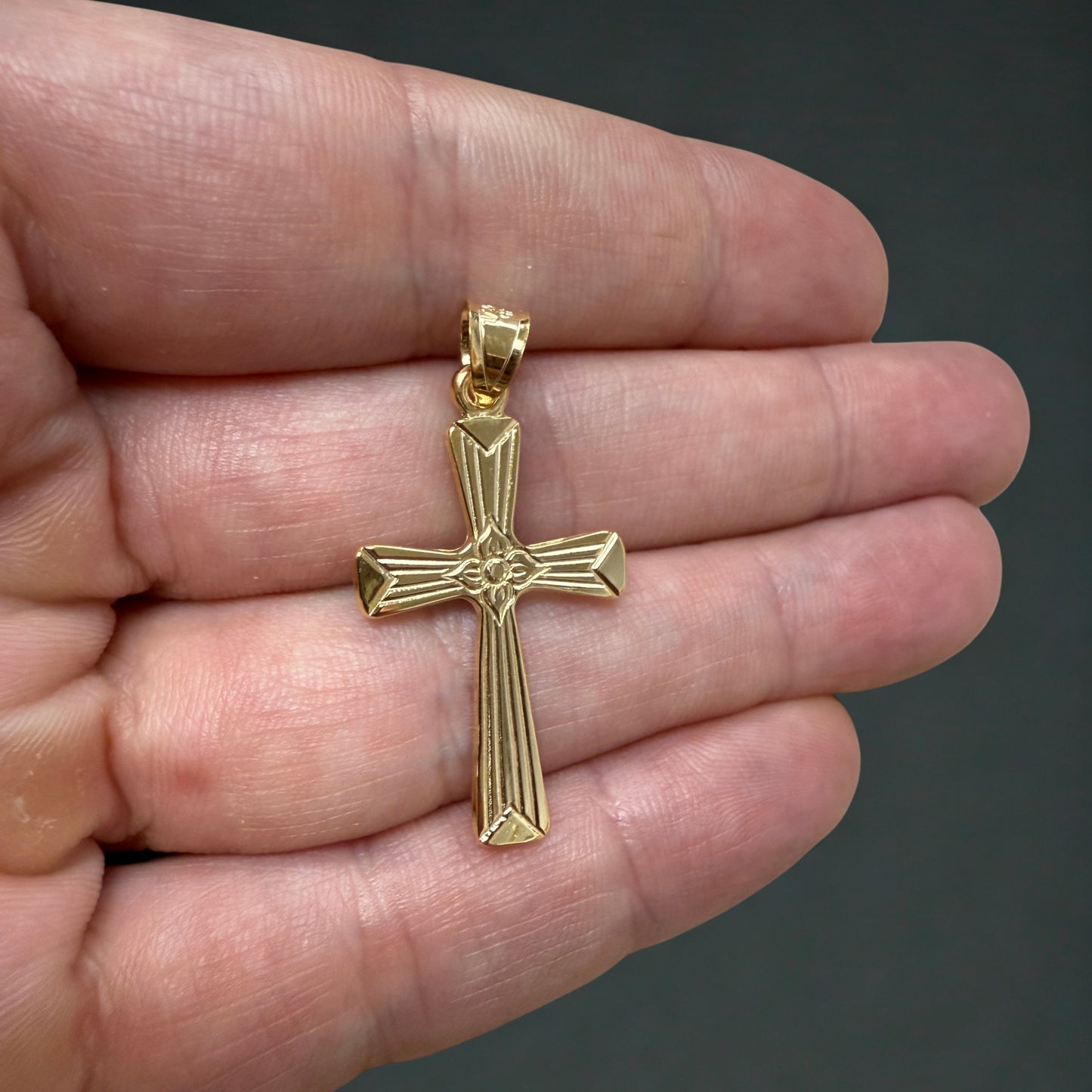 14K Double Bonded Gold flower cross lifestyle close up image Pendant Only M S