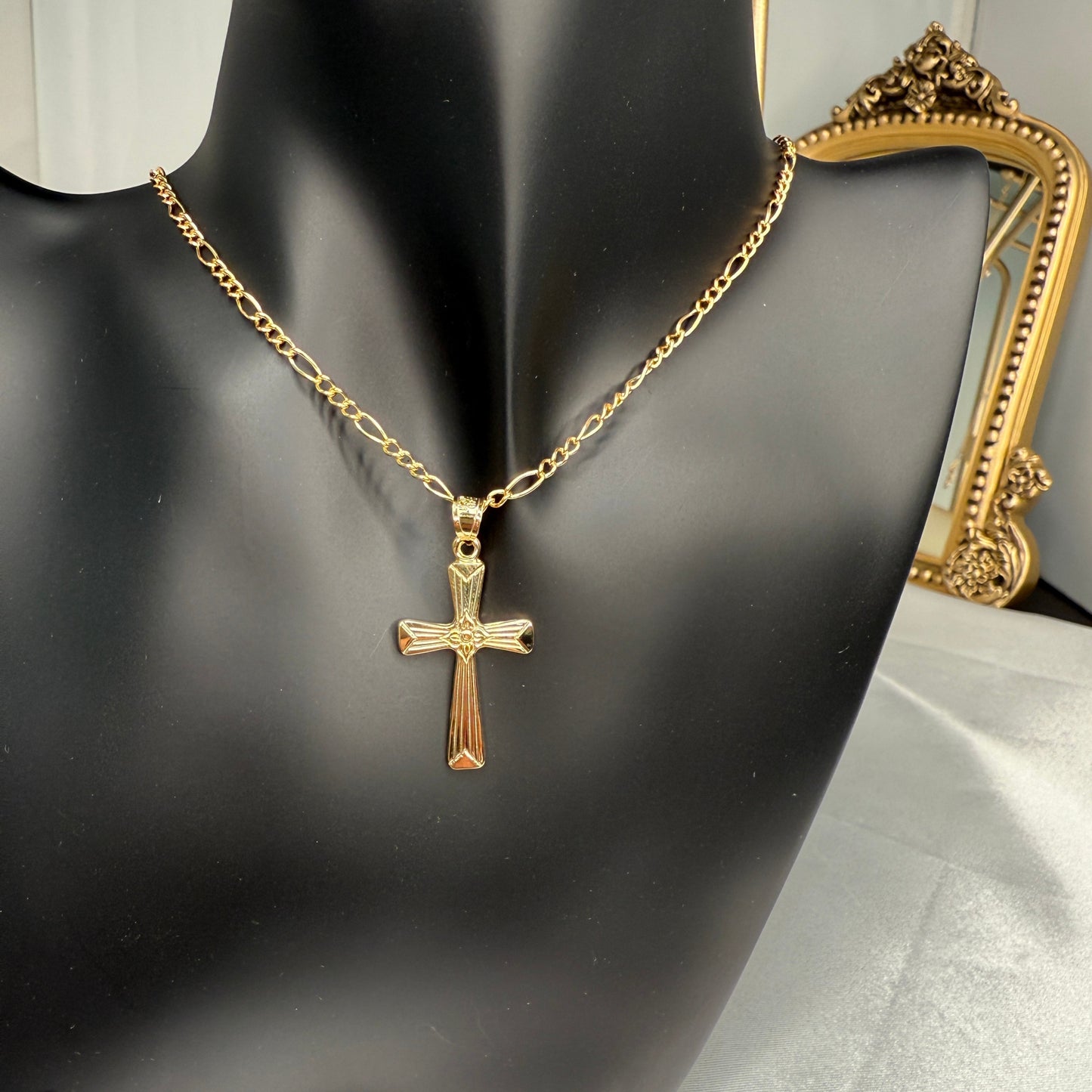 14K Double Bonded Gold flower cross pendant on a chain lifestyle image pendant only M S