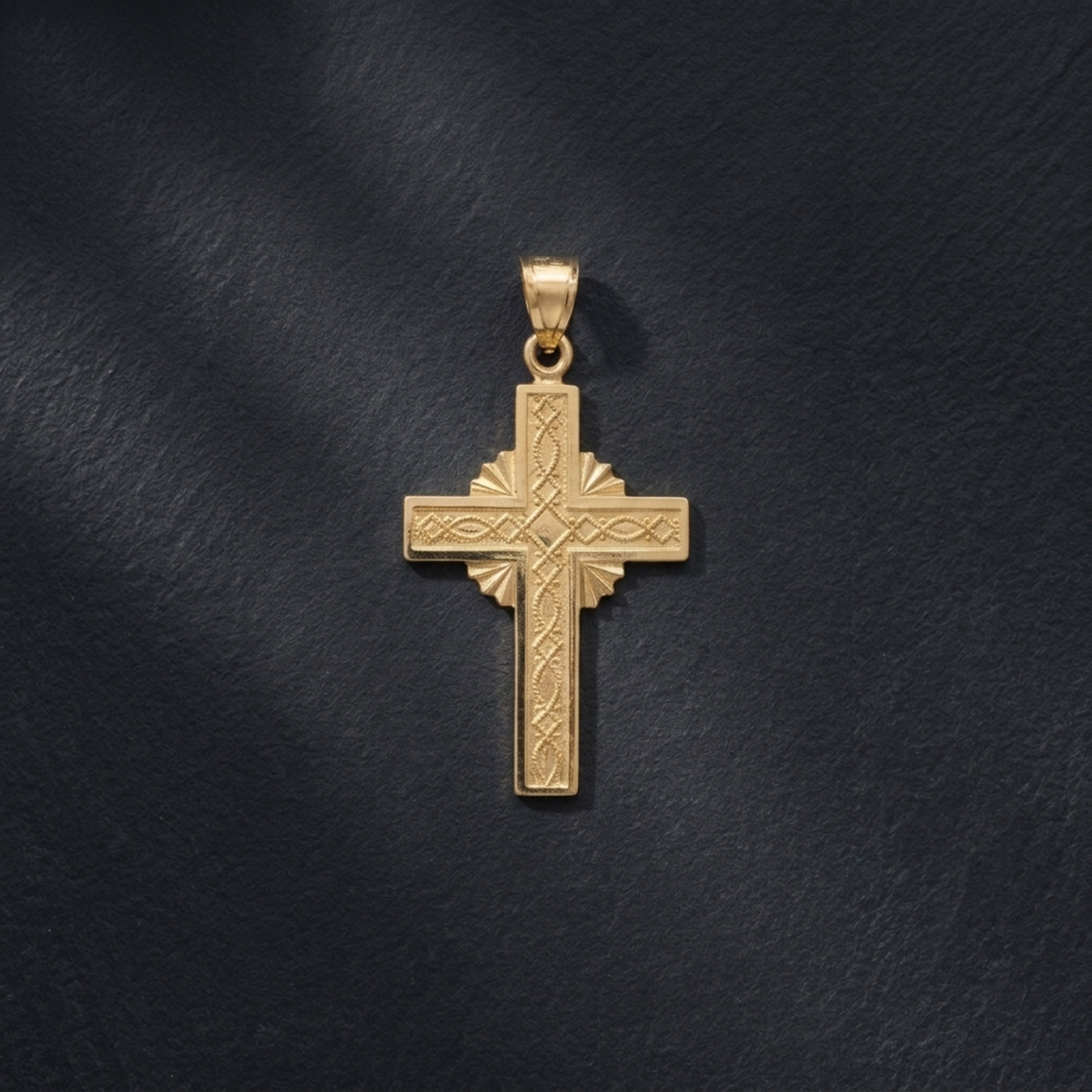 Solid 14K Double Bonded Gold Sunburst Cross M pendant only lay flat lifestyle image