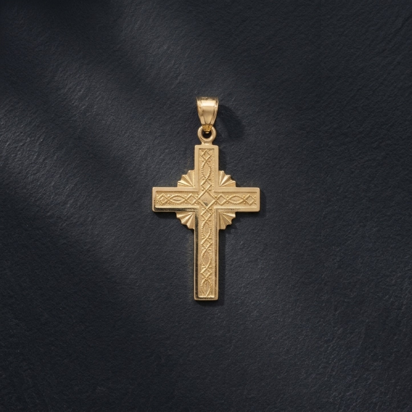 Solid 14K Double Bonded Gold Sunburst Cross M pendant only lay flat lifestyle image