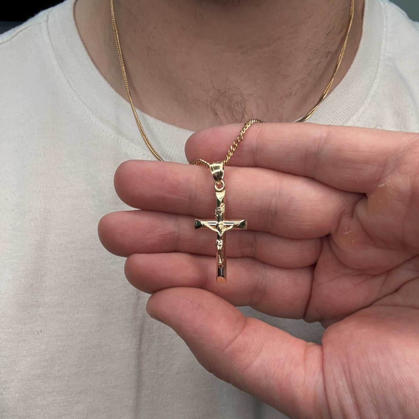 Solid 14K Double Bonded Gold INRI Crucifix M Pendant Only lifestyle image on man