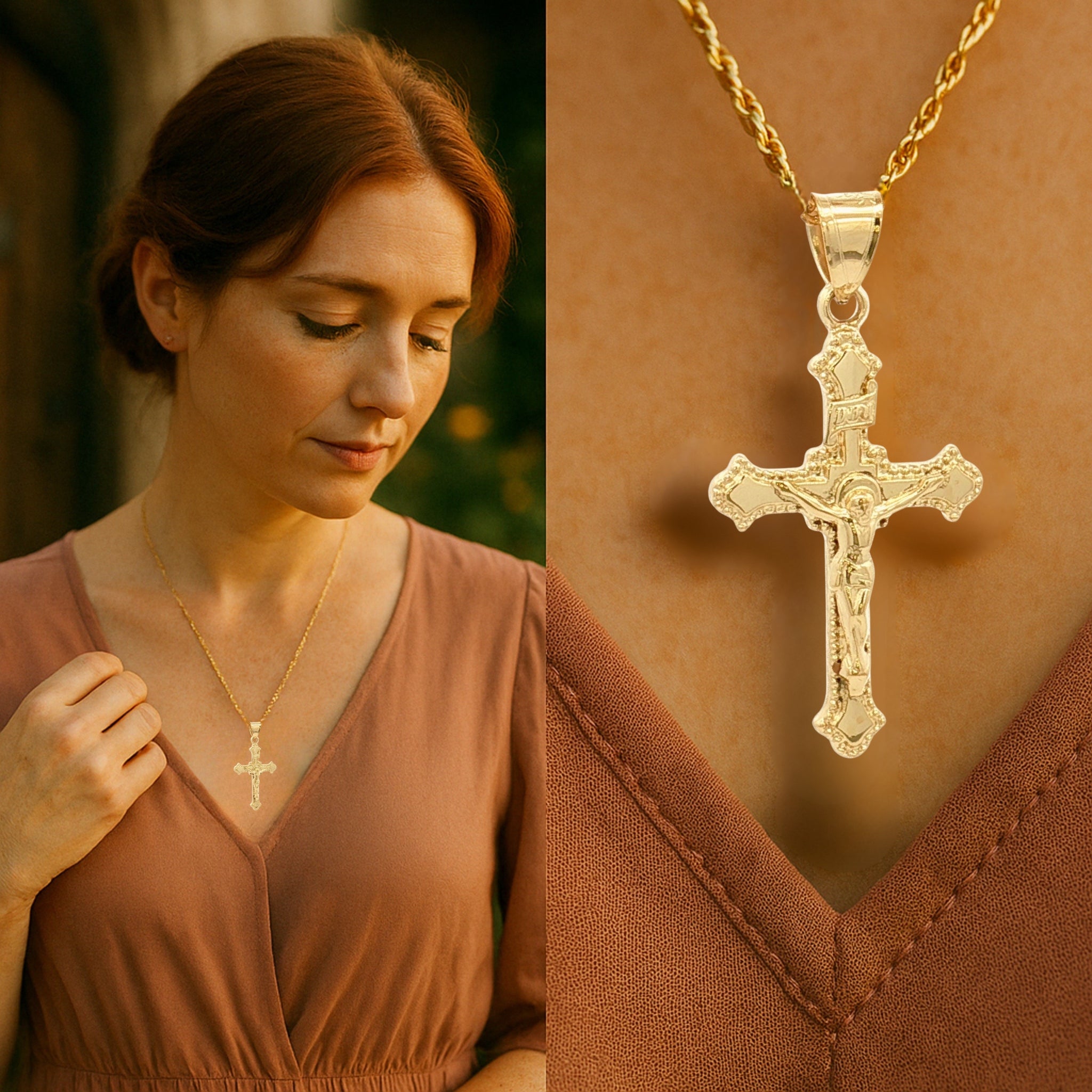 Solid 14K Double Bonded Gold INRI Crucifix M size budded edge cross pendant only lifestyle image on woman