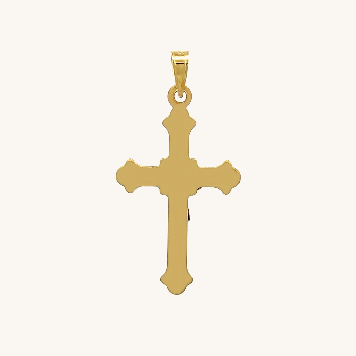 Solid 14K Double Bonded Gold INRI Crucifix M size budded edge cross pendant only back image