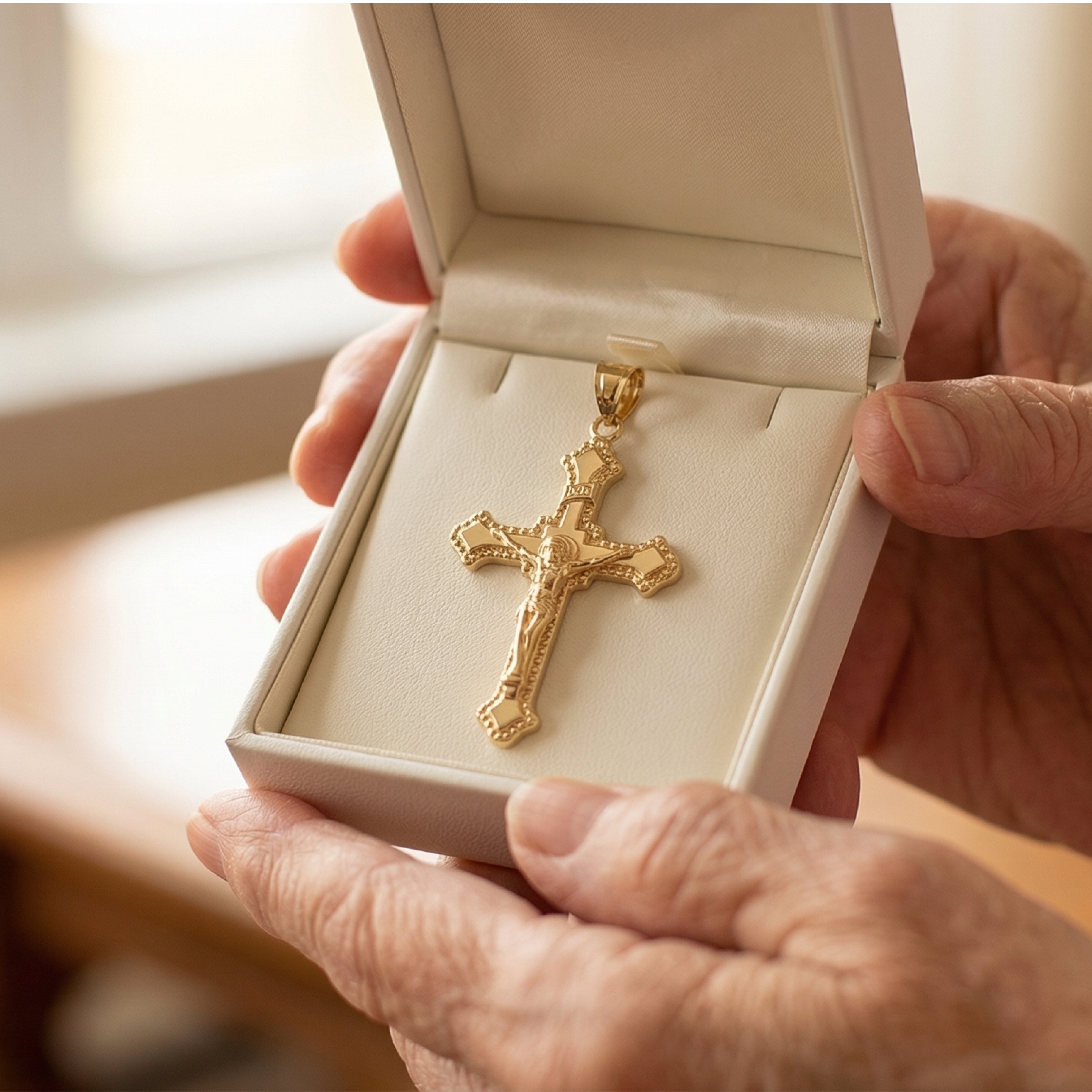 Solid 14K Double Bonded Gold INRI Crucifix XL M size budded edge cross pendant only lifestyle image in jewelry box