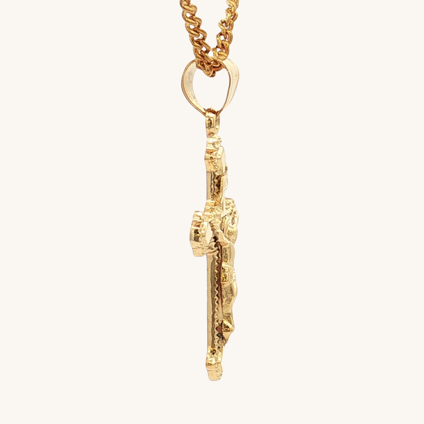 Solid 14K Double Bonded Gold INRI Crucifix M size budded edge cross pendant only side image