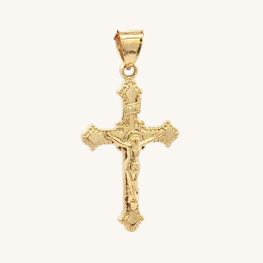 Solid 14K Double Bonded Gold INRI Crucifix M size budded edge cross pendant only main image