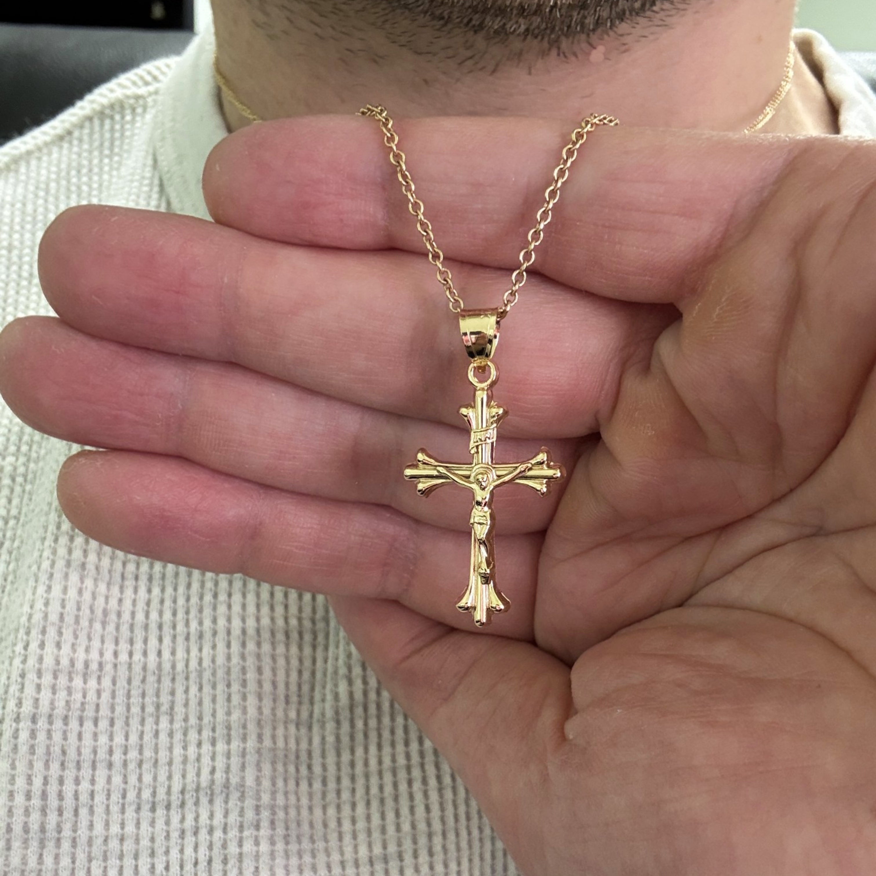 Solid 14K Double Bonded Gold Cathedral INRI Crucifix pendant only close up lifestyle image