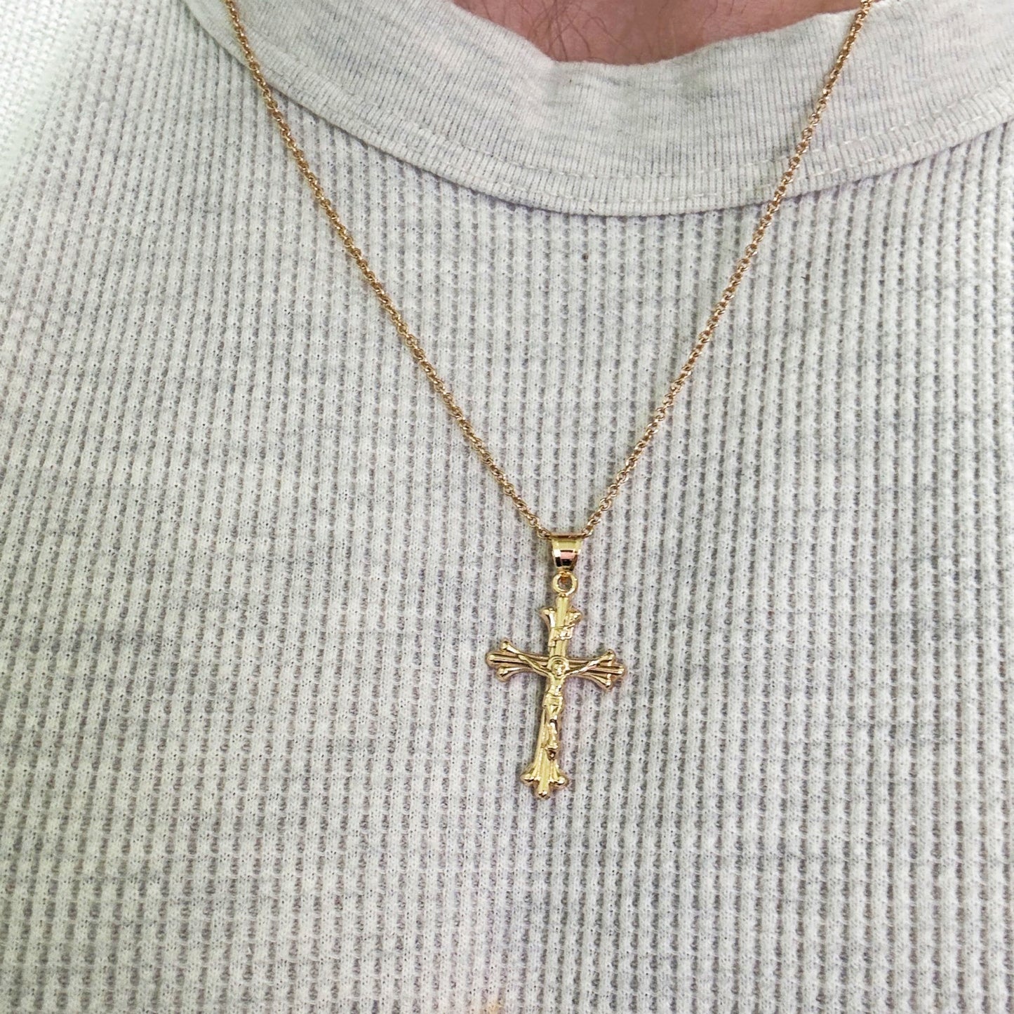 Solid 14K Double Bonded Gold Cathedral INRI Crucifix pendant only on necklace