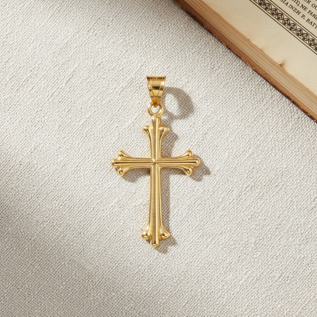 Solid 14K Double Bonded Gold Cathedral Gothic cross M pendant only lay flat lifestyle image necklace
