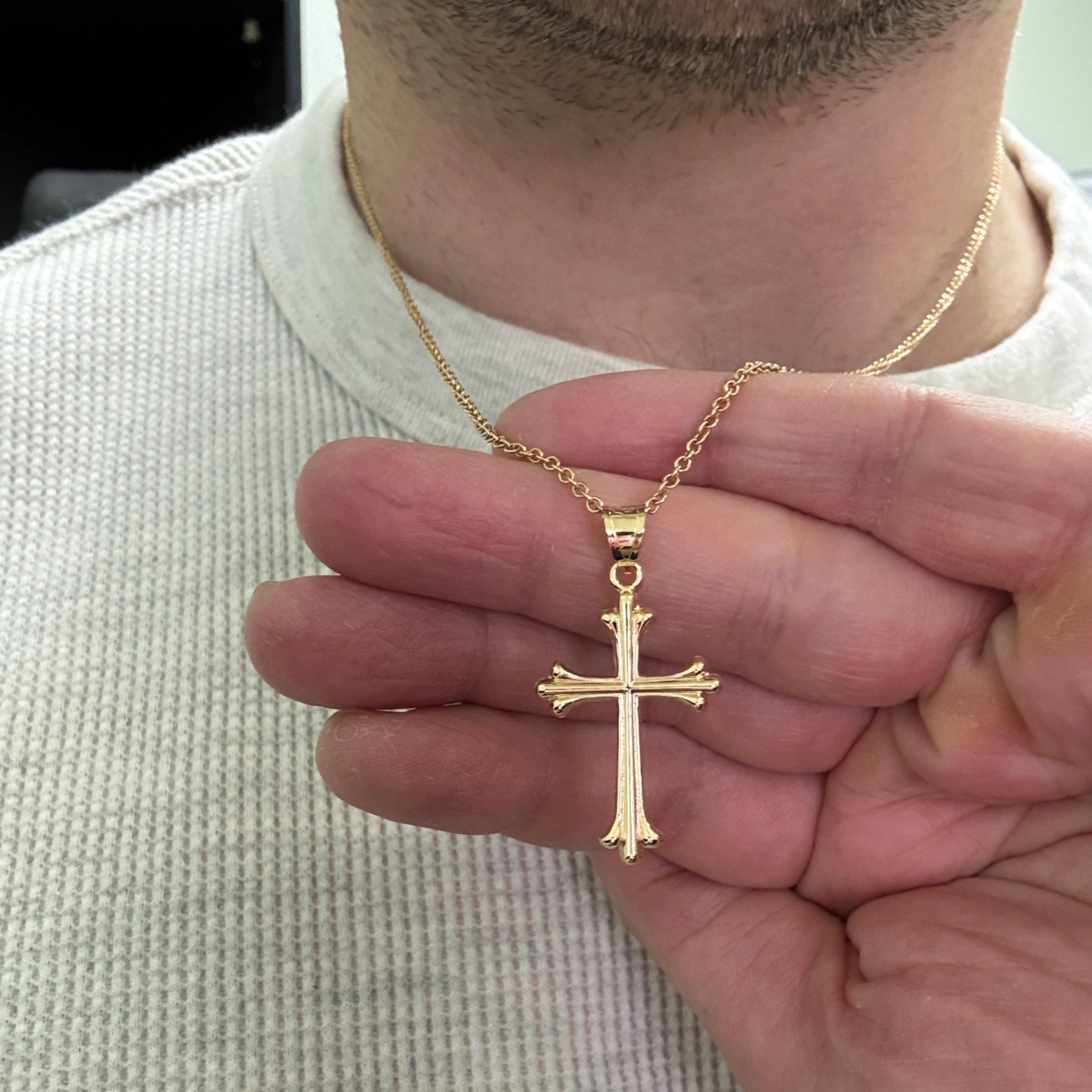 Solid 14K Double Bonded Gold Cathedral Gothic cross M pendant only lifestyle close up image