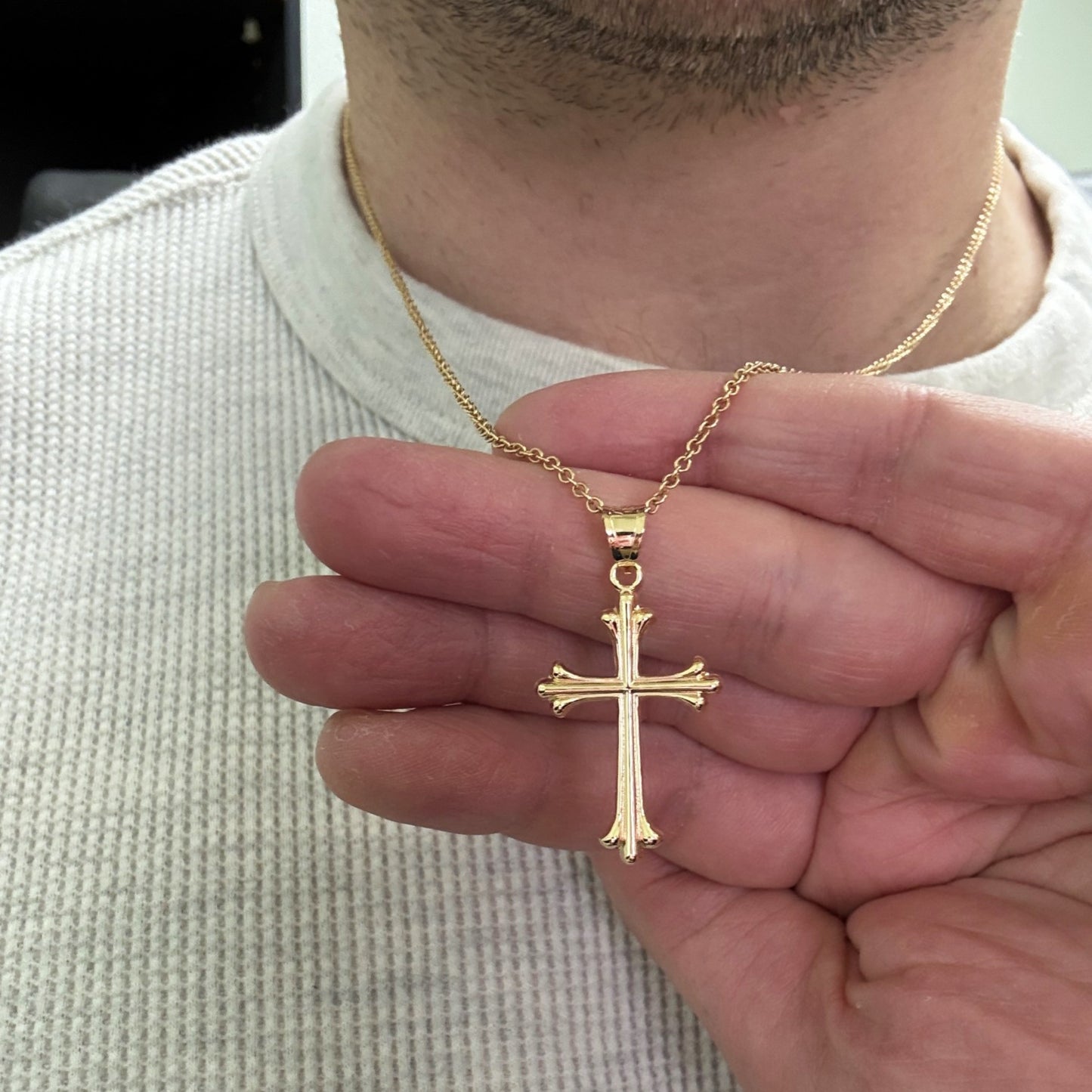 Solid 14K Double Bonded Gold Cathedral Gothic cross M pendant only lifestyle close up image