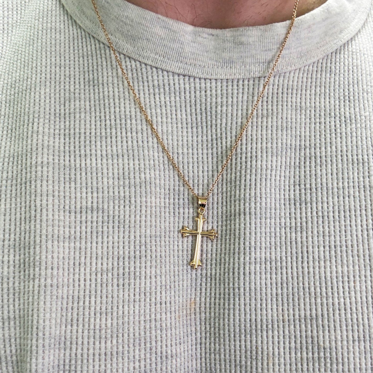 Solid 14K Double Bonded Gold Cathedral Gothic cross M pendant only lifestyle image necklace