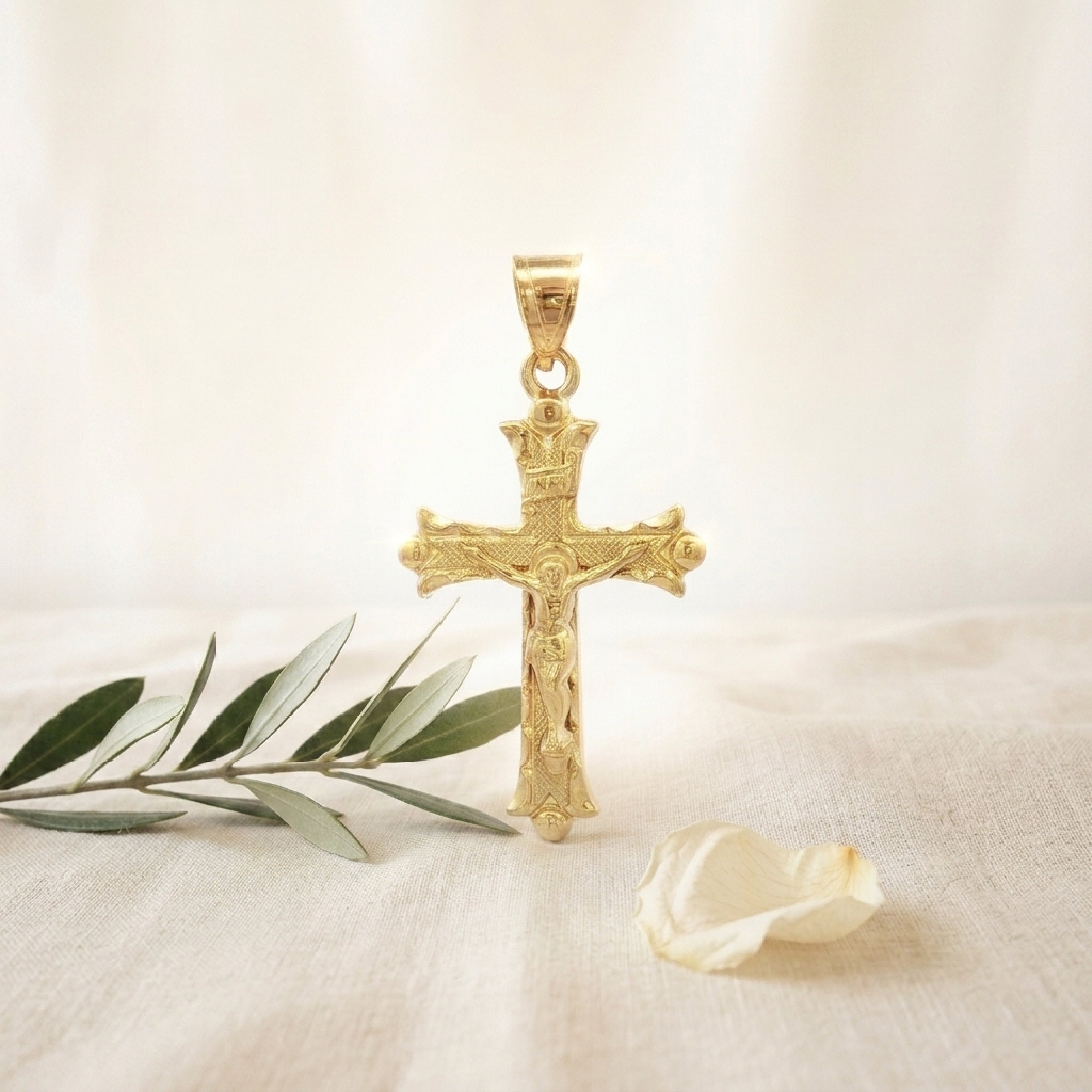 Solid 14K Double Bonded Gold Florentine INRI Crucifix M pendant only product lifestlye image