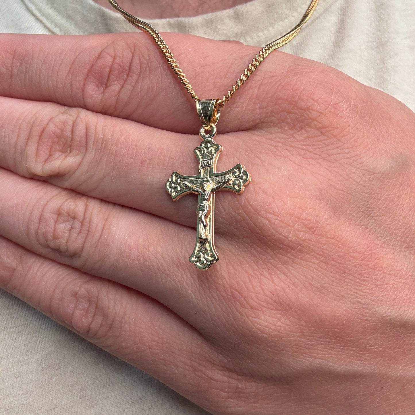 Solid 14K Double Bonded Gold INRI Crucifix M S sizes pendant only lifestyle image