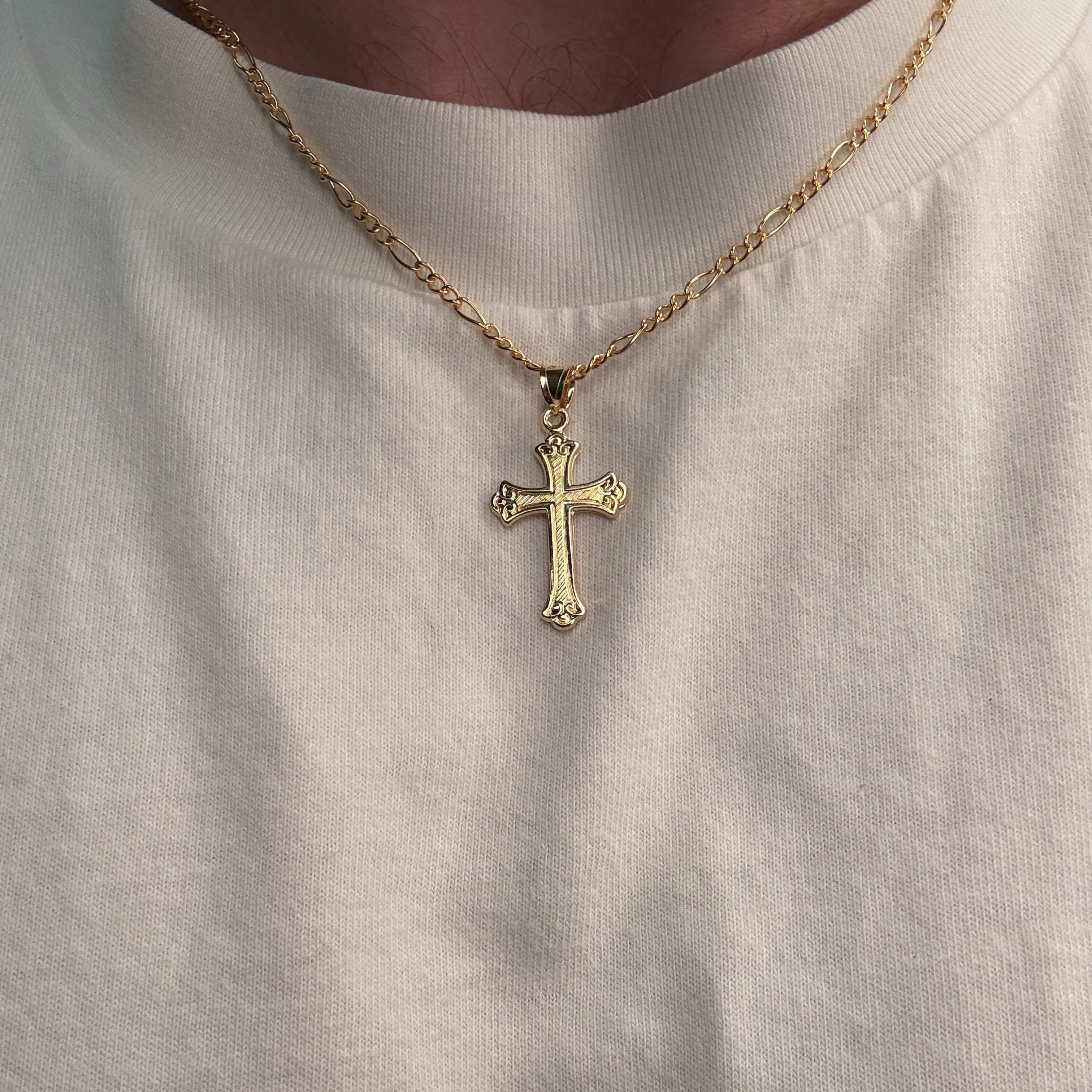 Solid 14K Double Bonded Gold Ornate Cross Pendant Only M S lifestyle image on person