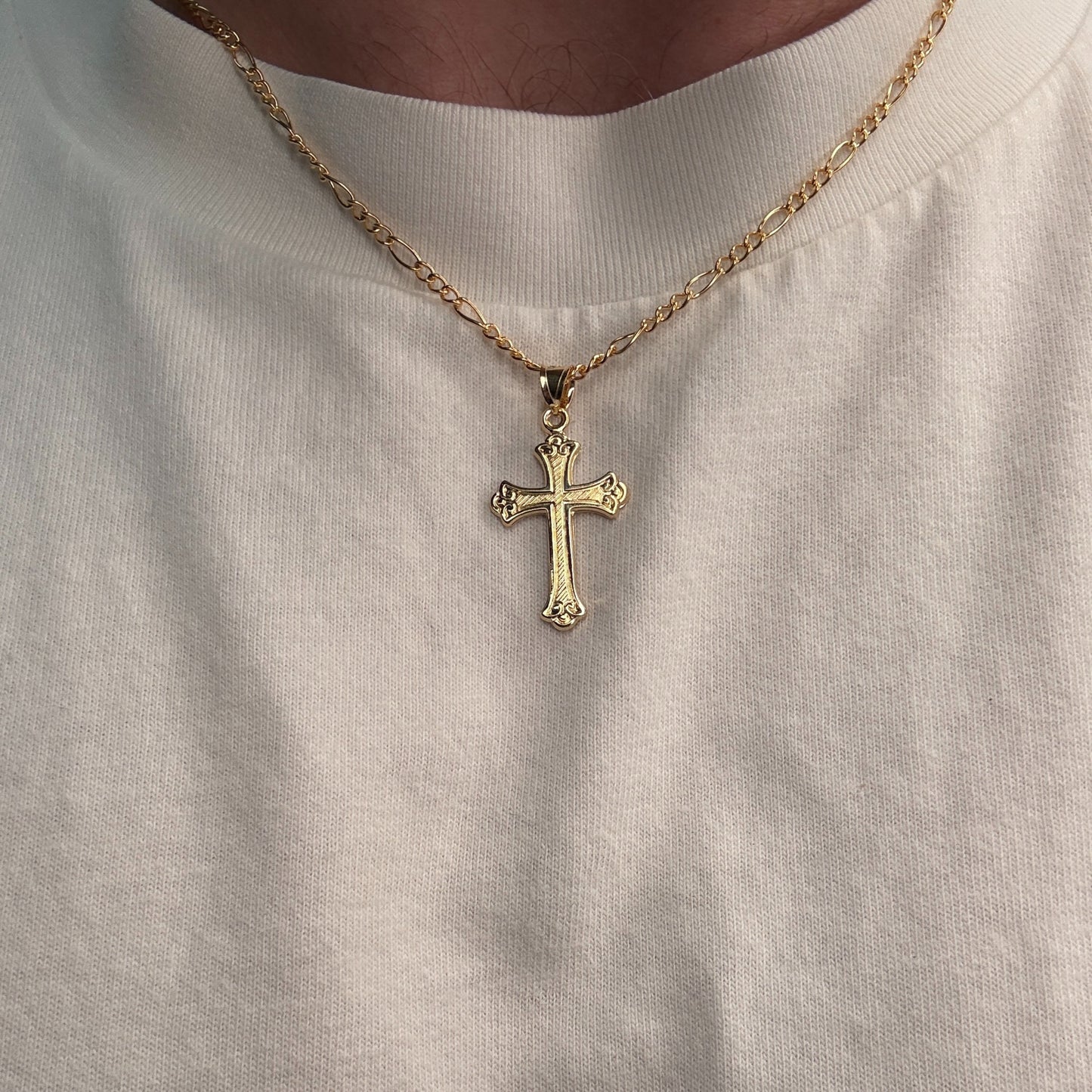 Solid 14K Double Bonded Gold Ornate Cross Pendant Only M S lifestyle image on person