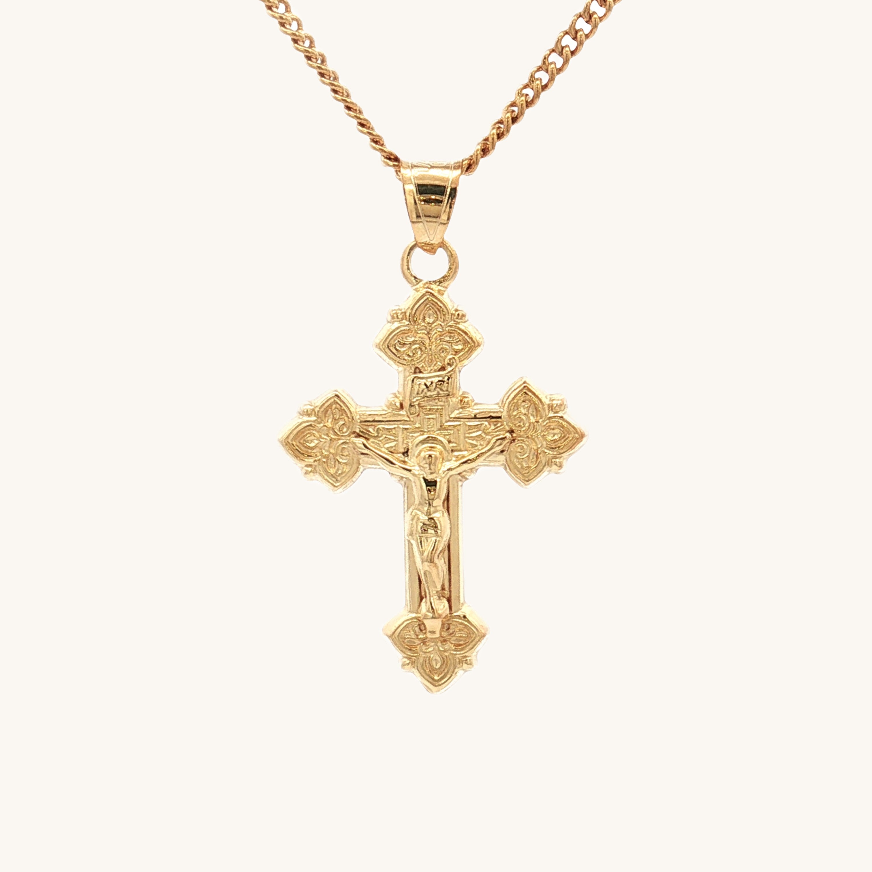 Solid 14K Double Bonded Gold intricate design crucifix M size pendant only on chain image