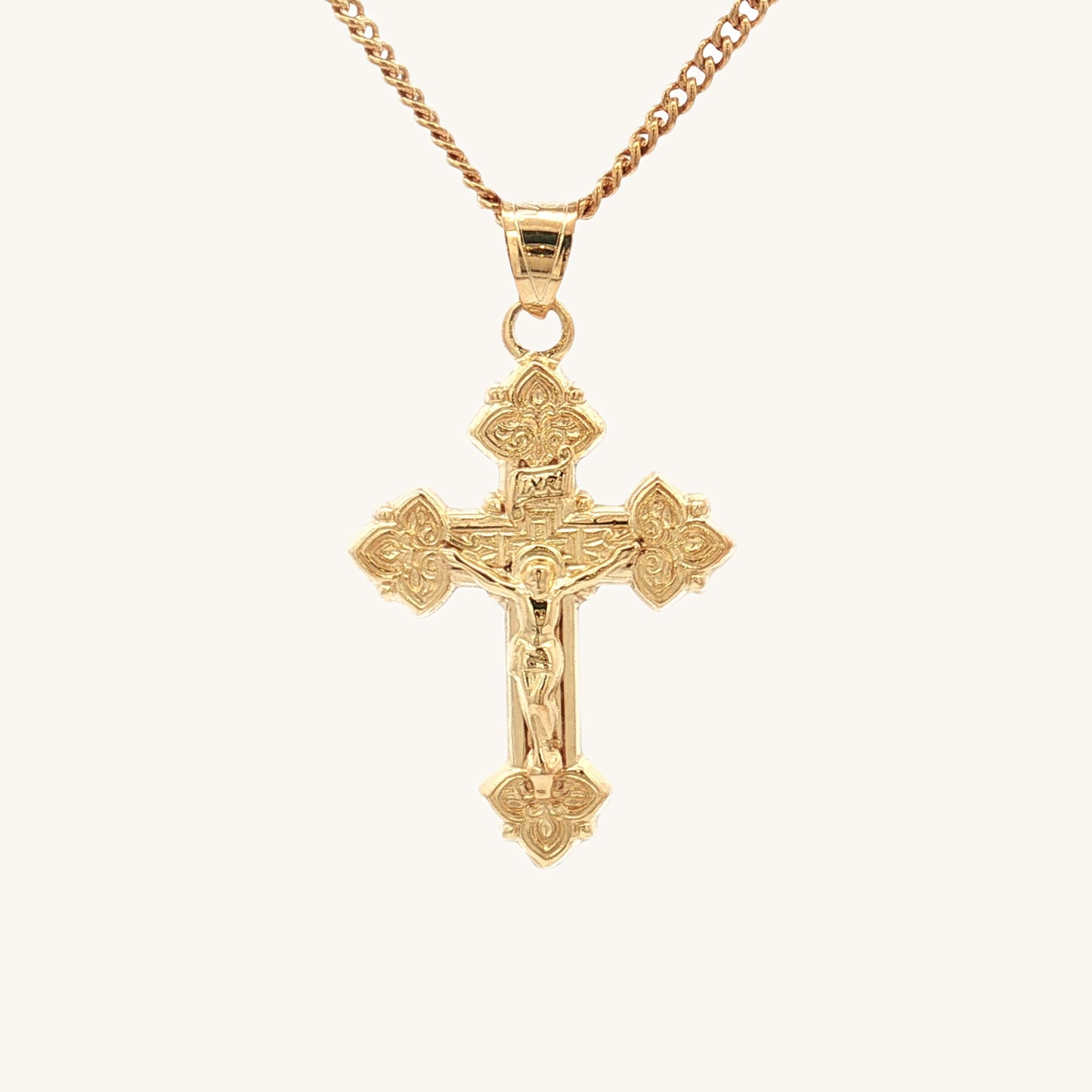 Solid 14K Double Bonded Gold intricate design crucifix M size pendant only on chain image