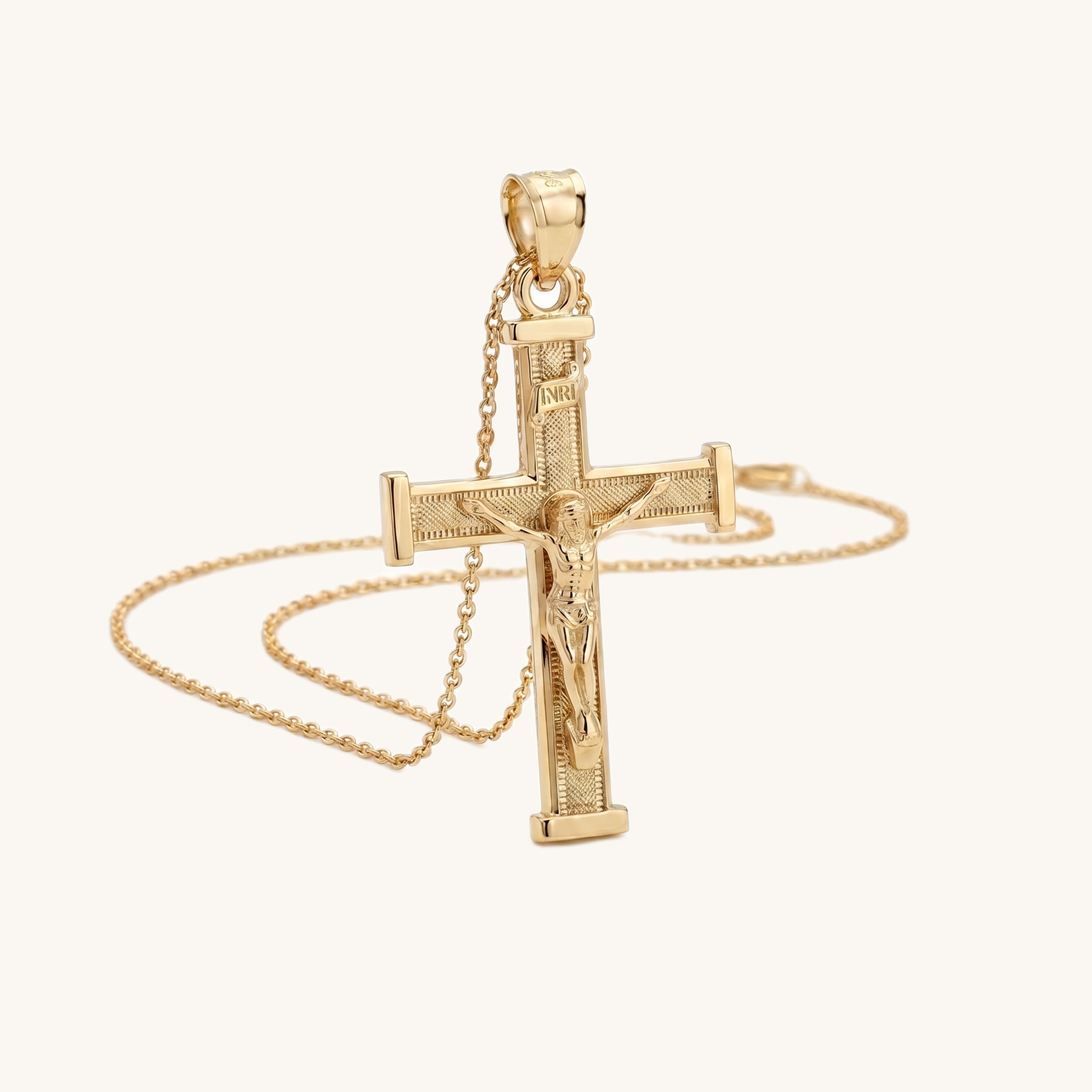14K Double Bonded Gold INRI Crucifix L textured squared edge cross pendant only photoshoot on chain image