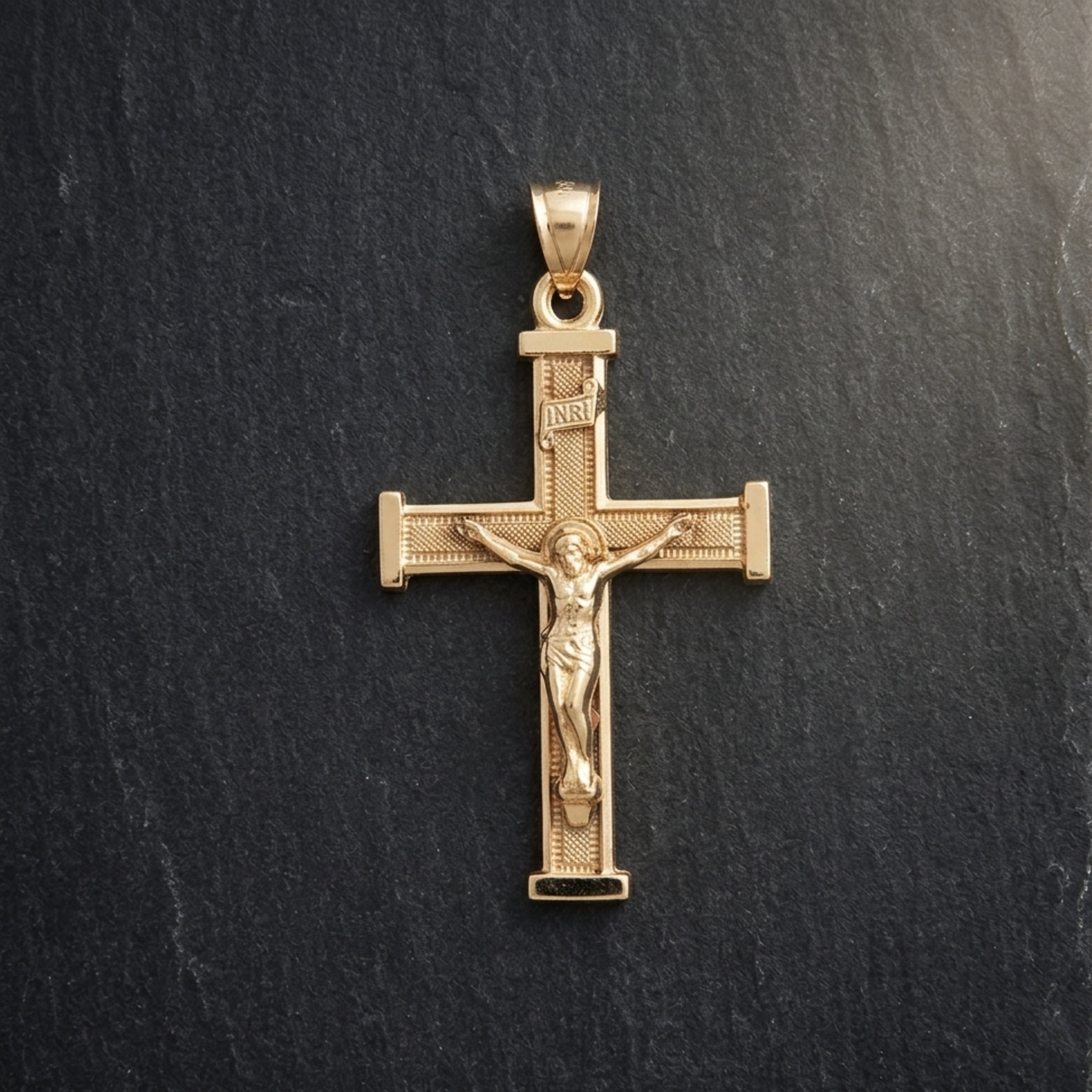 14K Double Bonded Gold INRI Crucifix L textured squared edge cross pendant only on marble image