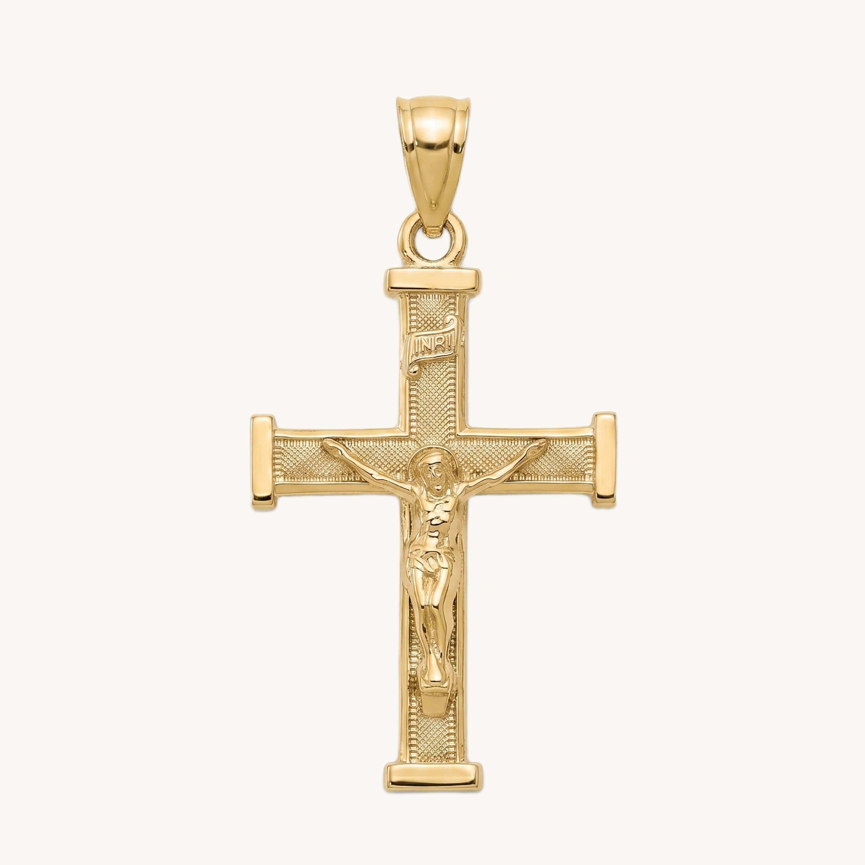14K Double Bonded Gold INRI Crucifix L textured squared edge cross pendant only main image